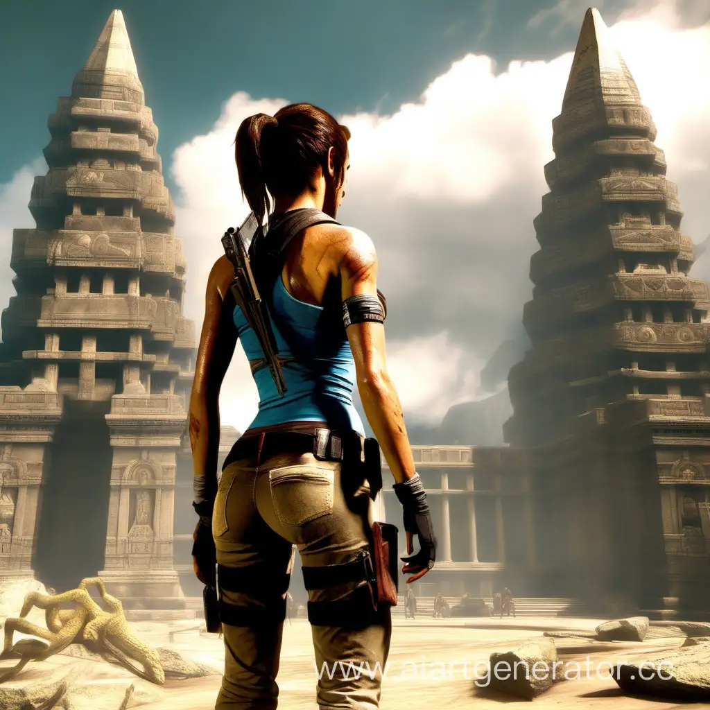 Лара Крофт в облегающем костюме стоит задом и смотрит на храм сбоку монстр