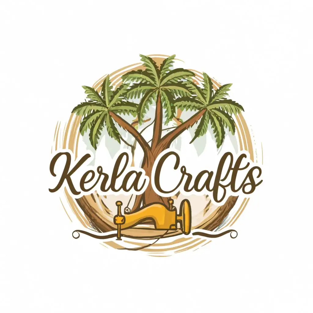 logo, coconut tree, charity, sewing, with the text "Kerala Crafts", typography