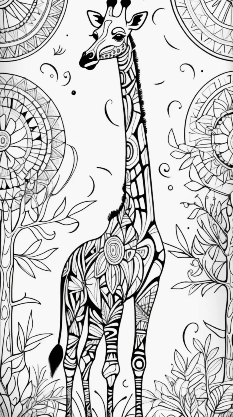 tribal pattern giraffe, mandala styled forest background, coloring page image, thick black clean lines