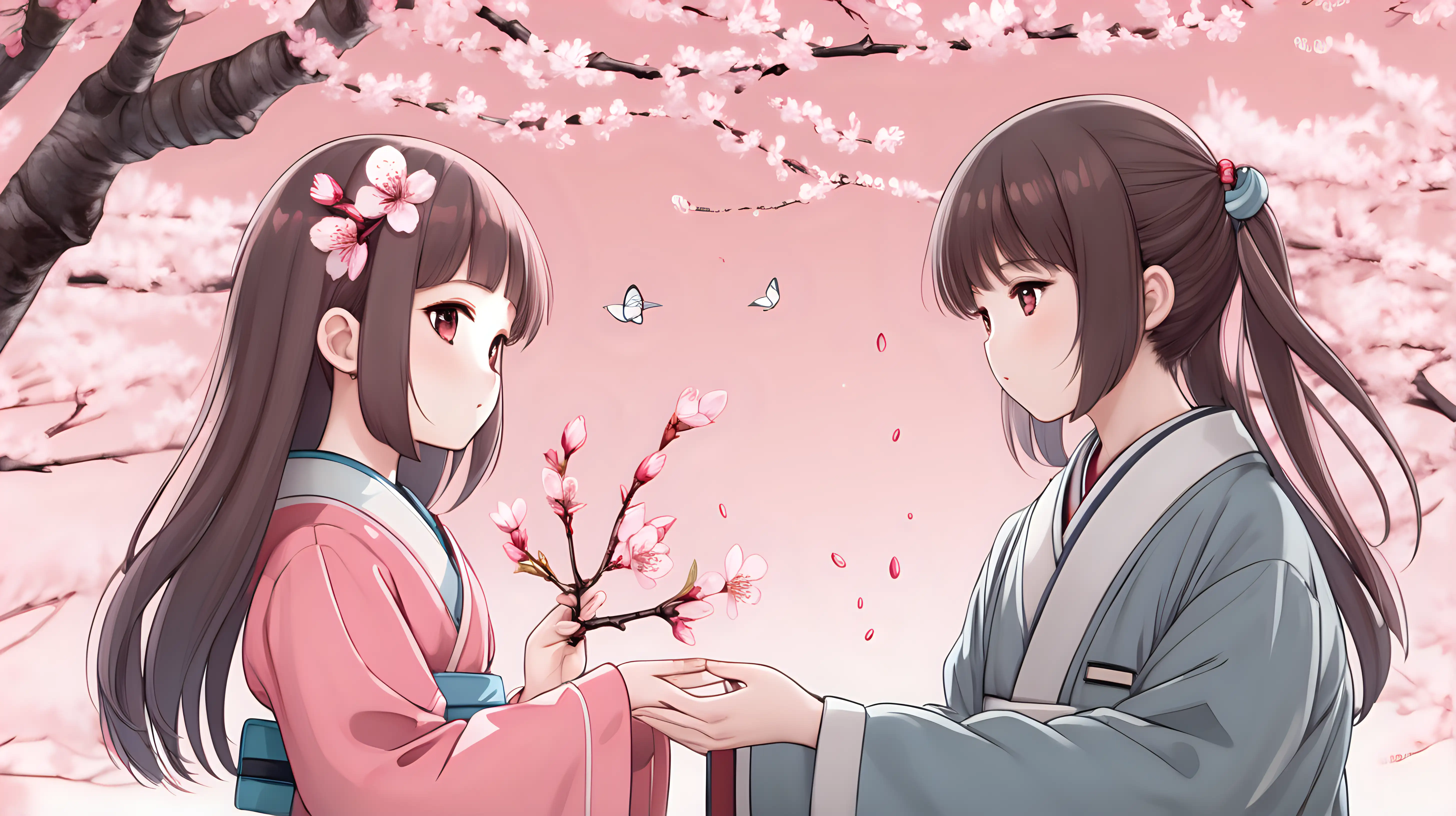 A cute character presenting a girl with a single blooming cherry blossom, symbolizing love and purity.