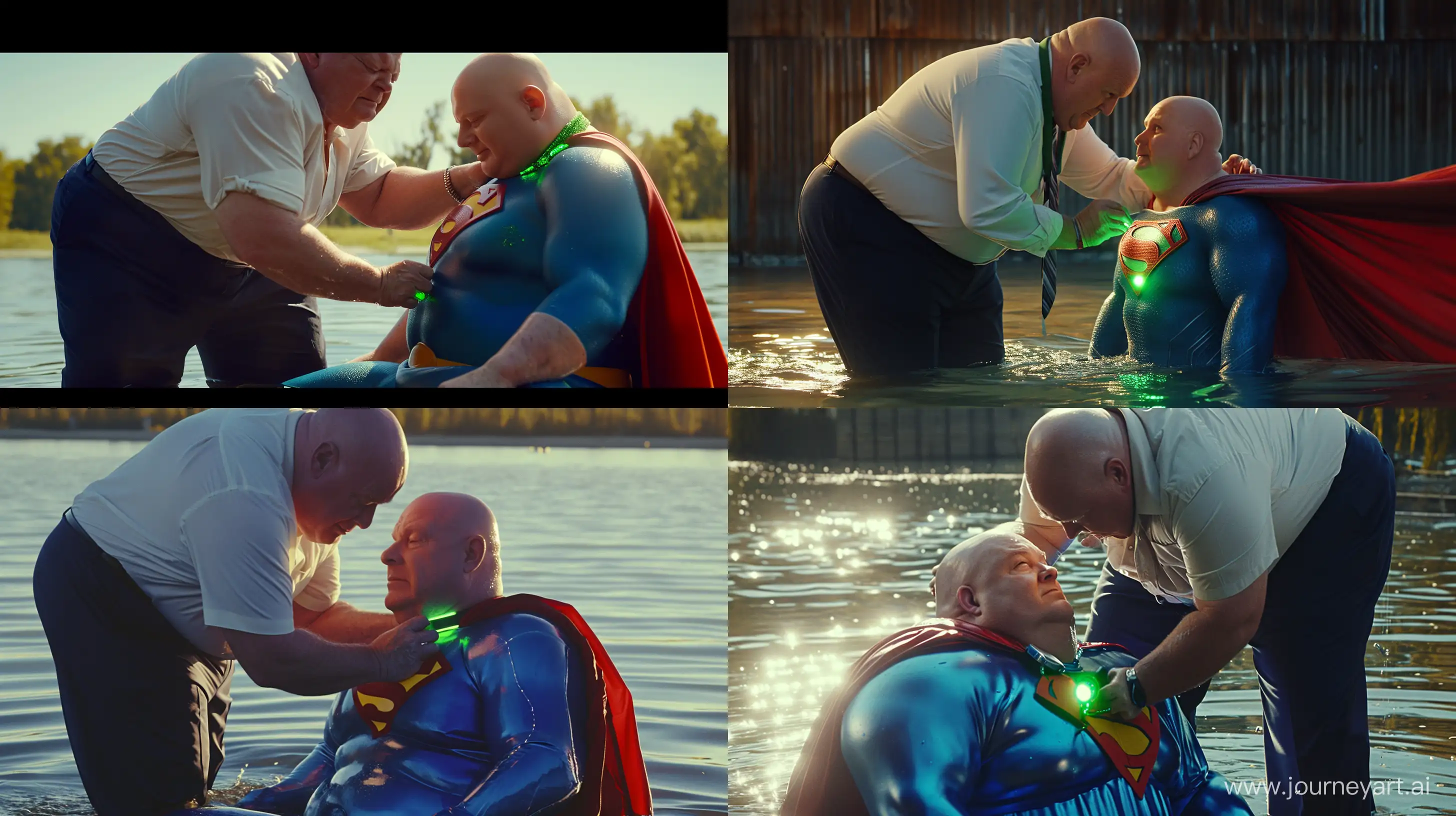Cinematographic close-up photo of a chubby man aged 60 wearing silky navy business pants and a white shirt, bending over and tightening a green glowing small short dog collar on the neck of another chubby man aged 60 sitting in the water and wearing a silky blue superman costume with a large red cape. Outside. Bald. Clean Shaven. --style raw --ar 16:9 --v 6