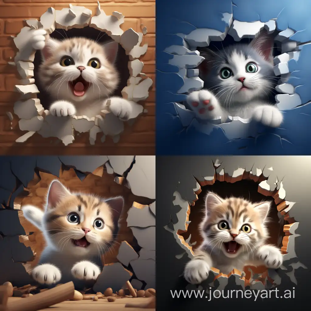 um gatinho saindo de um buraco na parde em estilo 3d