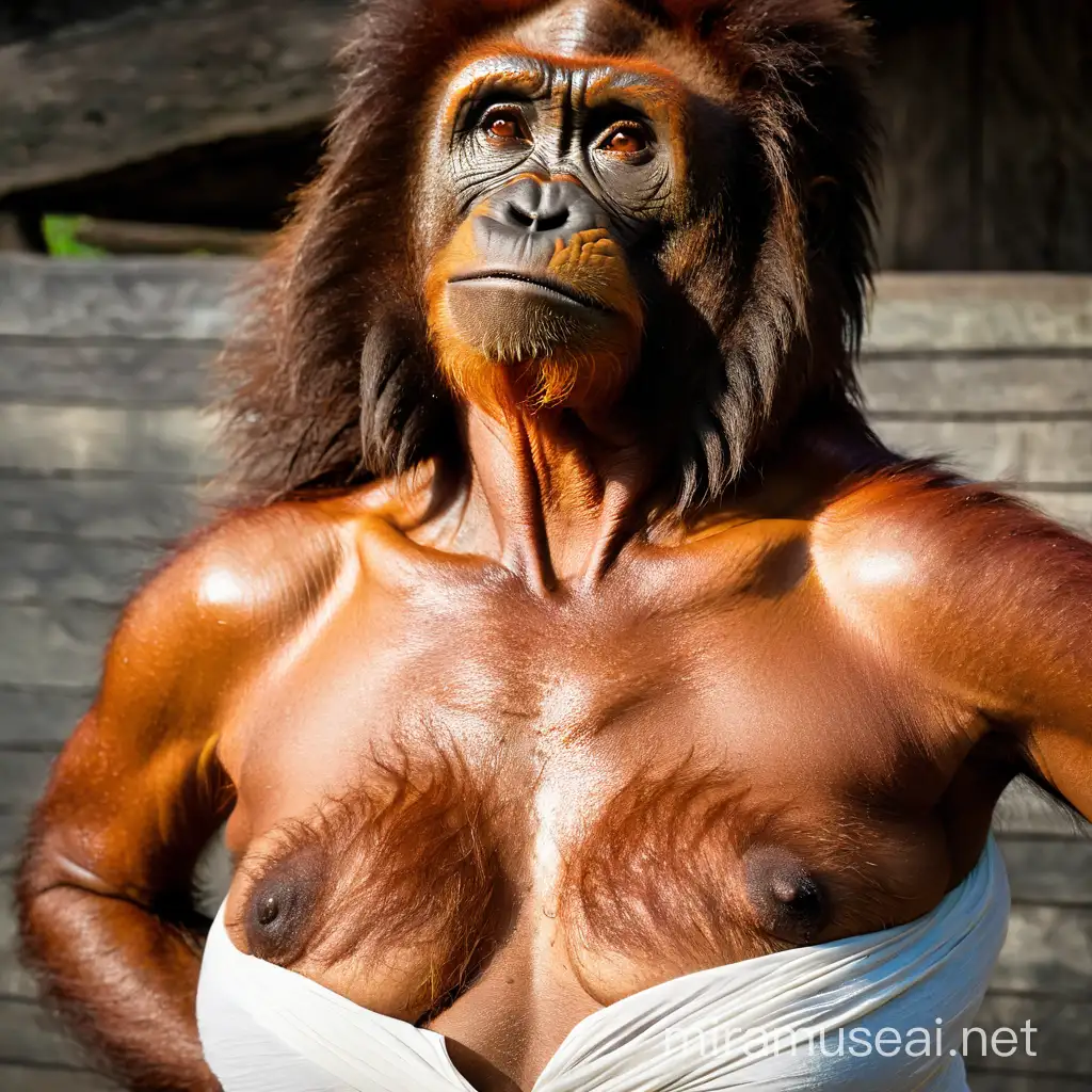 A very hairy woman transform to wereorangutan showing the very hairy female body with brown skin with sweaty hairy boobs and hairy brown orangutan faces and brown face skin