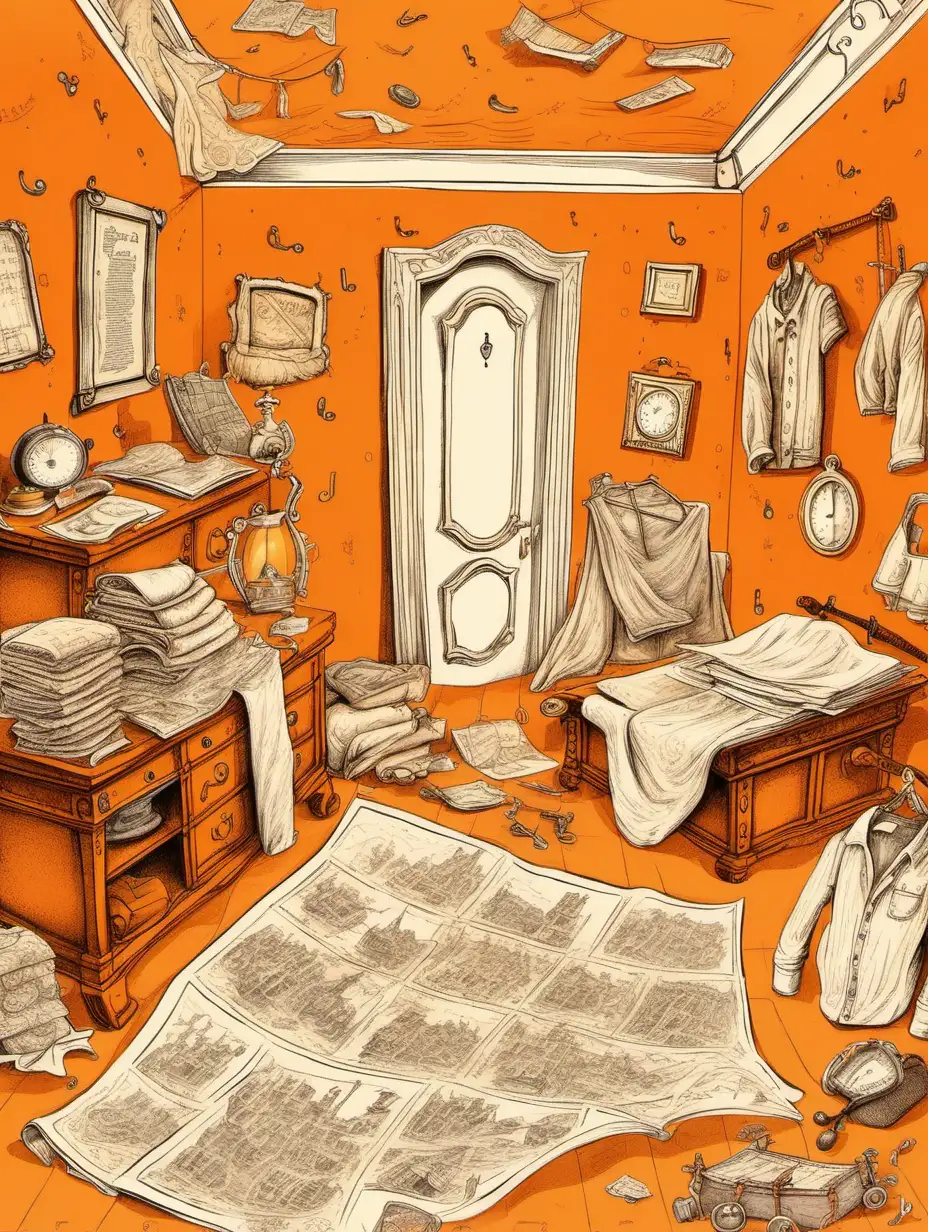 many treasure maps, scattered clothes lie in the orange room. storybook illustration


