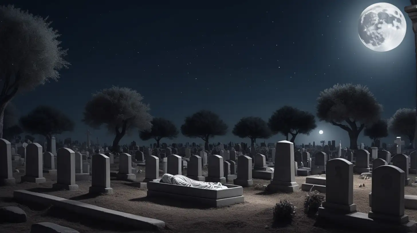 epoque biblique, un enterrement, des hébreux tristes dans un cimetière, la nuit, lune