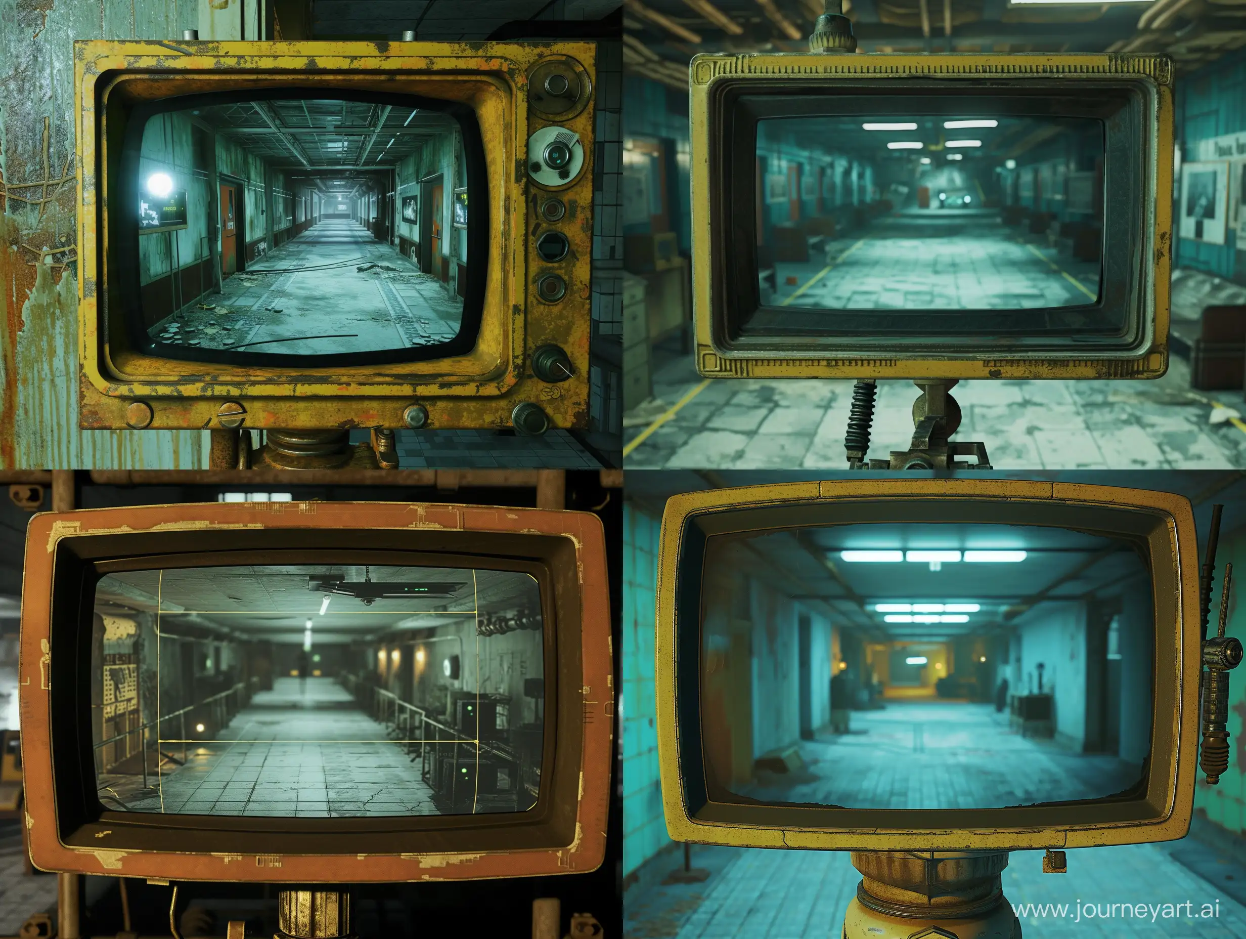 a crt screen showing the footage of a surveillance camera overseeing a hall of an empty bunker from videogame Fallout