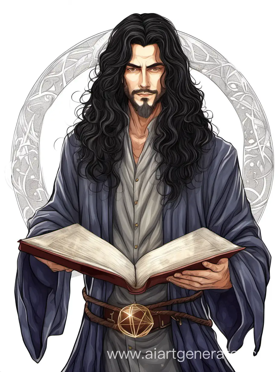 взрослый красивый маг мужчина без бороды с книгой с длинными черными волнистыми волосами на белом фоне
