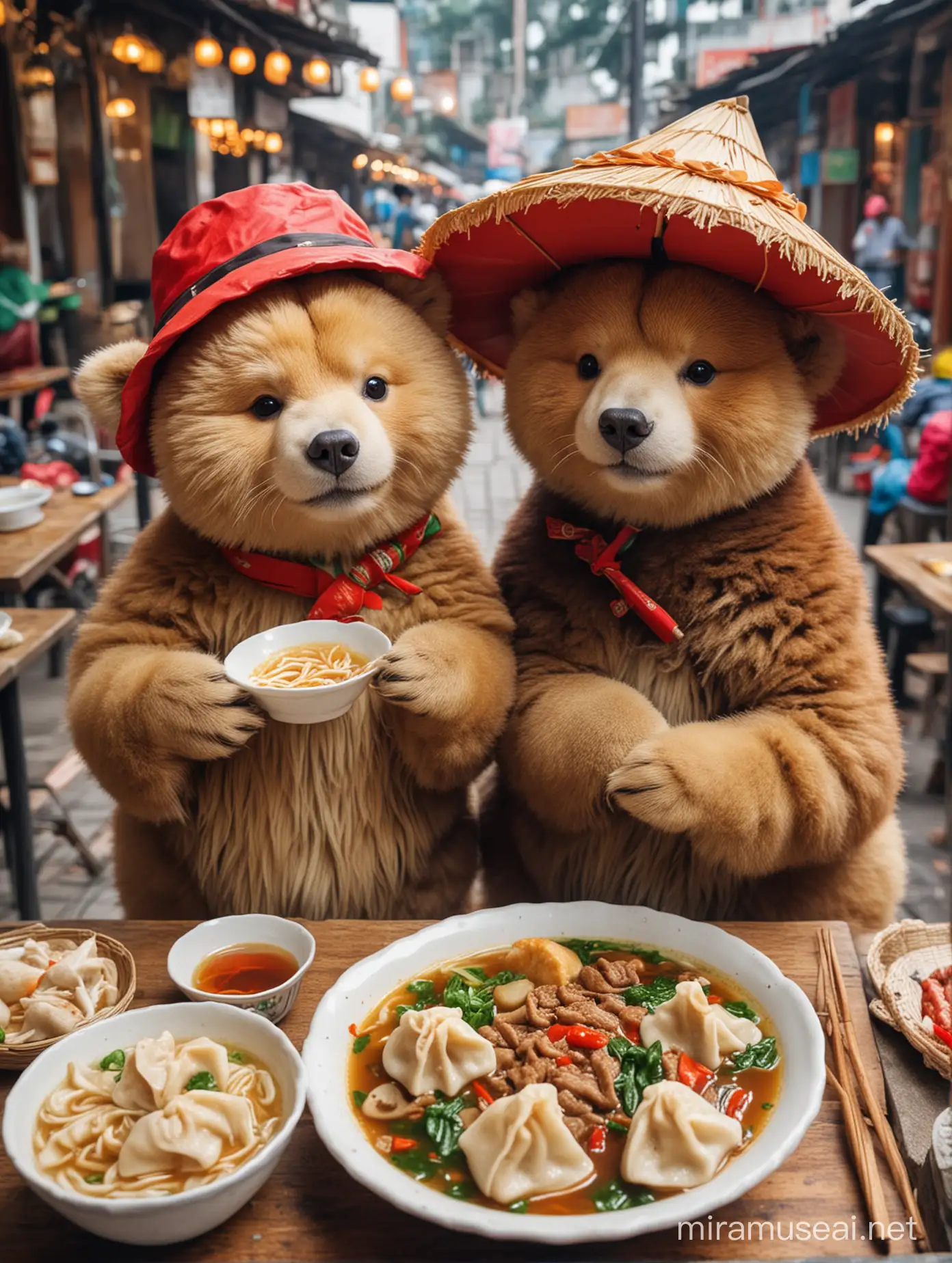 Bear and cat hugging and eating dumplings and pho soup in vietnamese street food stall. They are wearing traditional chinese hats.