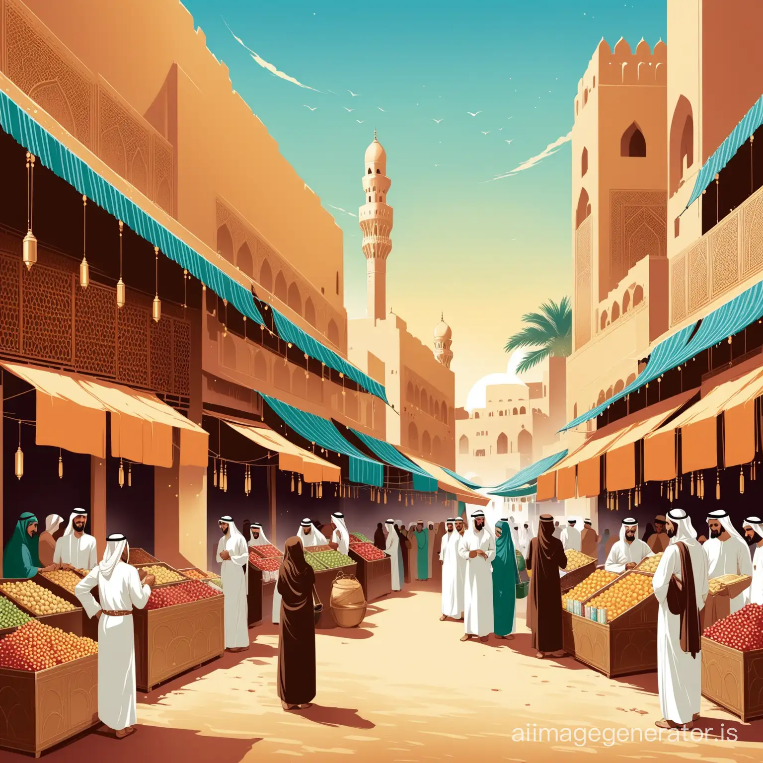 arab market scene art deco illustration
