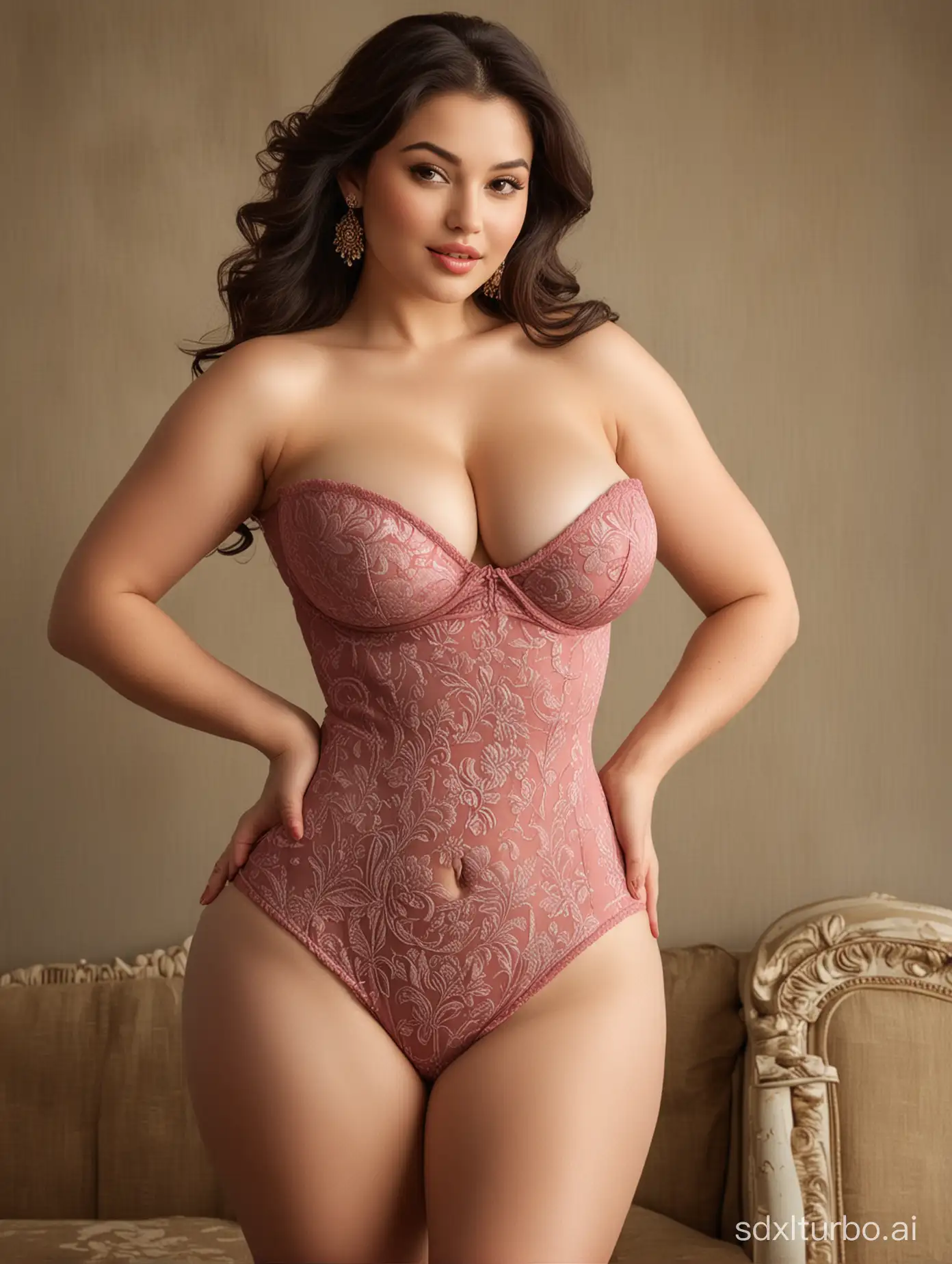 In a scene of undeniable allure, a ((curvaceous)) woman exudes ((confidence)) and ((charm)) with every sway of her hips. Her ((voluptuous figure)) is a celebration of ((femininity)), accentuated by her choice of ((alluring)) attire. With each movement, she radiates ((sensuality)), captivating all who behold her ((mesmerizing)) presence.