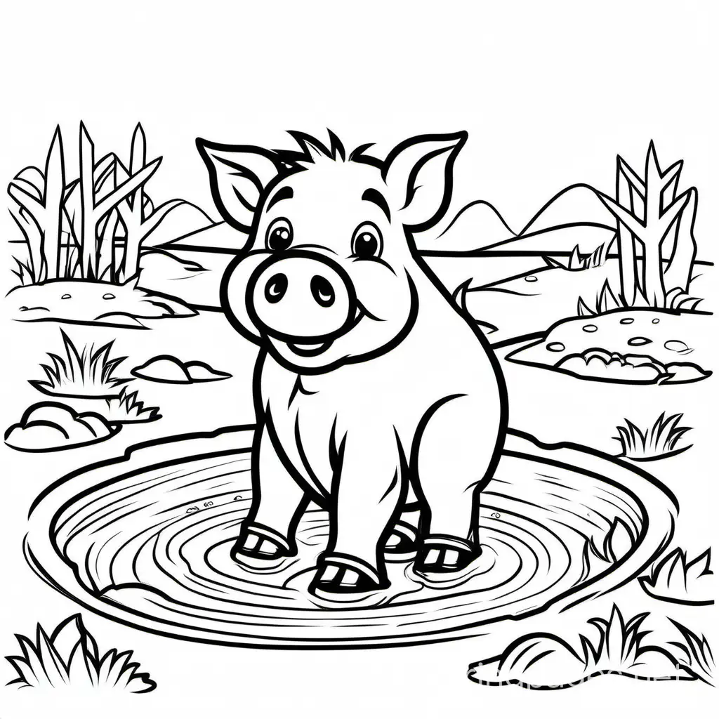 a cute boar in a mud pit
, Coloring Page, black and white, line art, white background, Simplicity, Ample White Space. The background of the coloring page is plain white to make it easy for young children to color within the lines. The outlines of all the subjects are easy to distinguish, making it simple for kids to color without too much difficulty