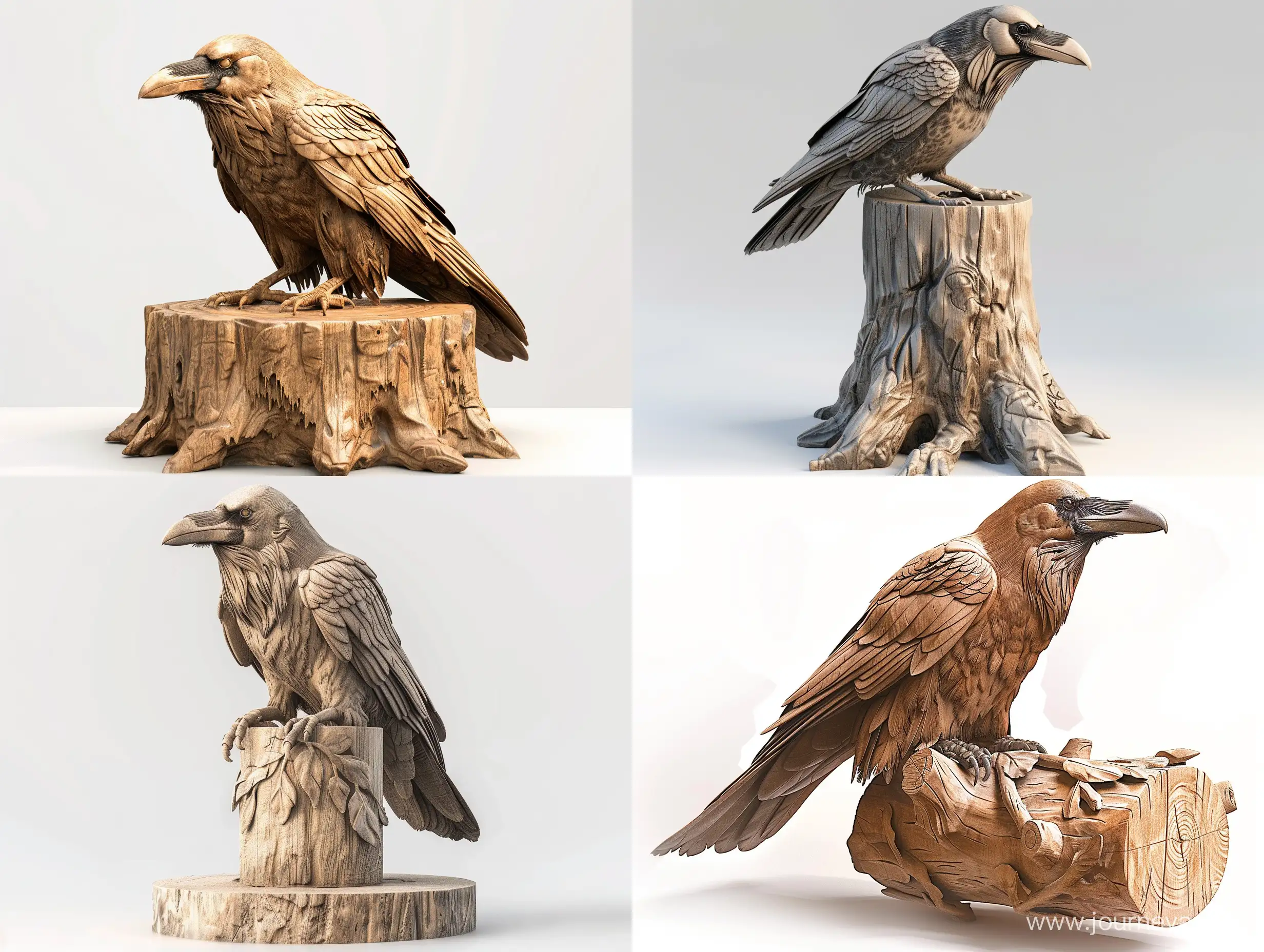Professional sketch for wooden sculpture, a full-length a raven resting on a cylinder full-face and in profile, professional dynamic character, wood carving, white background, 8k Render, ultra realistic