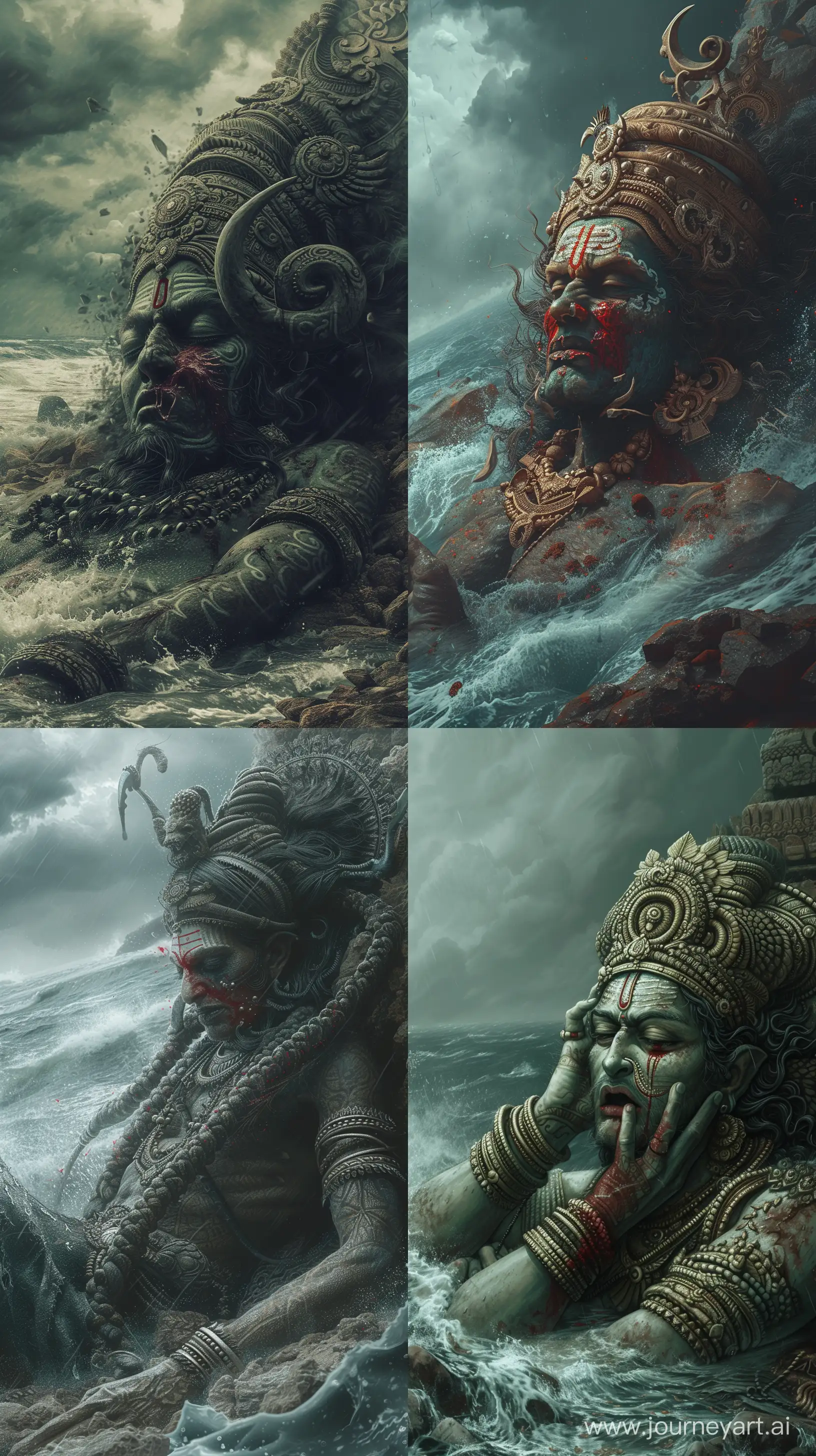 Realistic digital paintings depicting an Indian demon from ancient times, lying in the ground bleeding from his neck, sea stormy background, intricate details, UHD --ar 9:16 --v 6