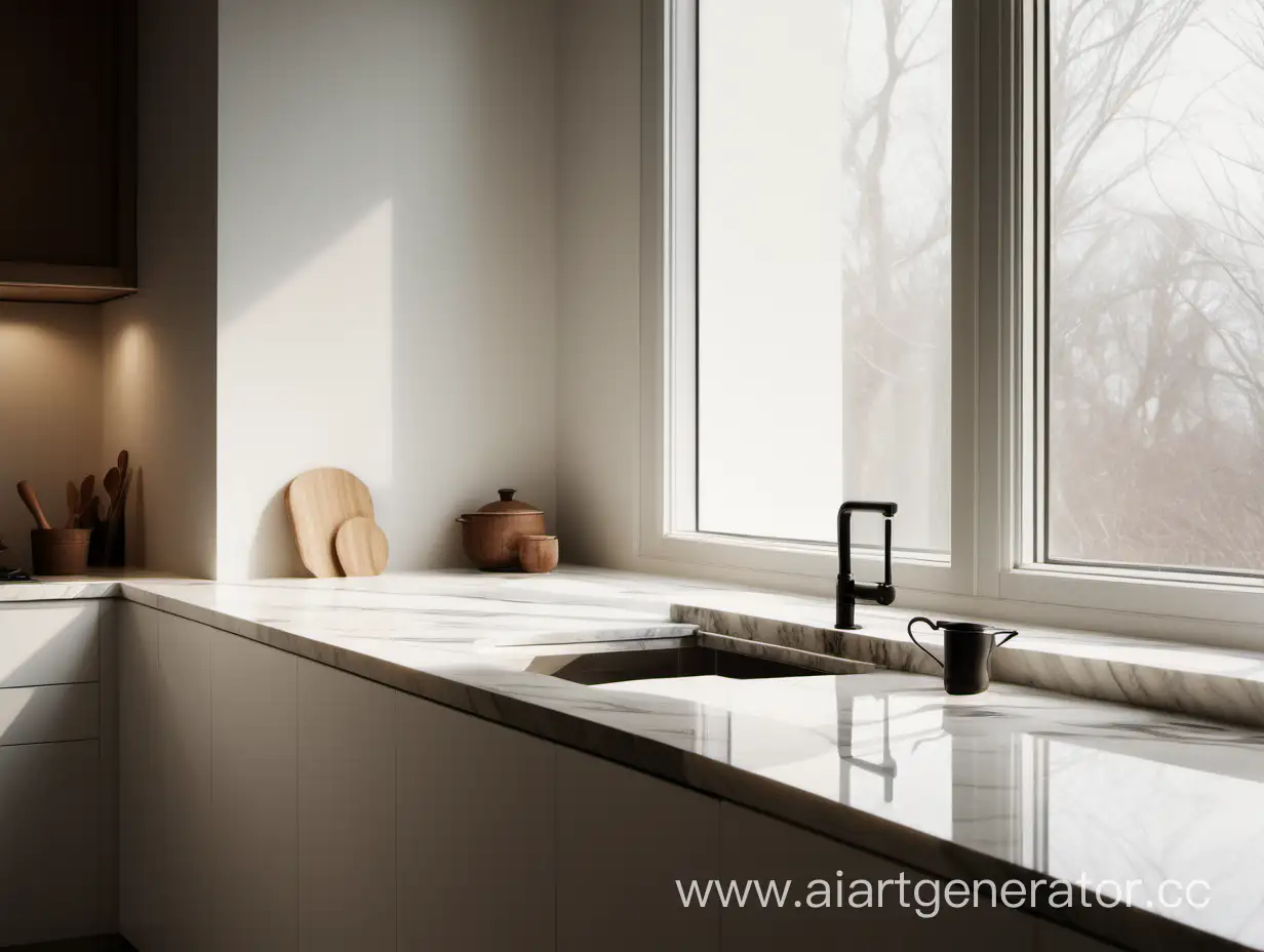 kitchen, soft light, side view, marble light countertop against the window, relativity, minimalism