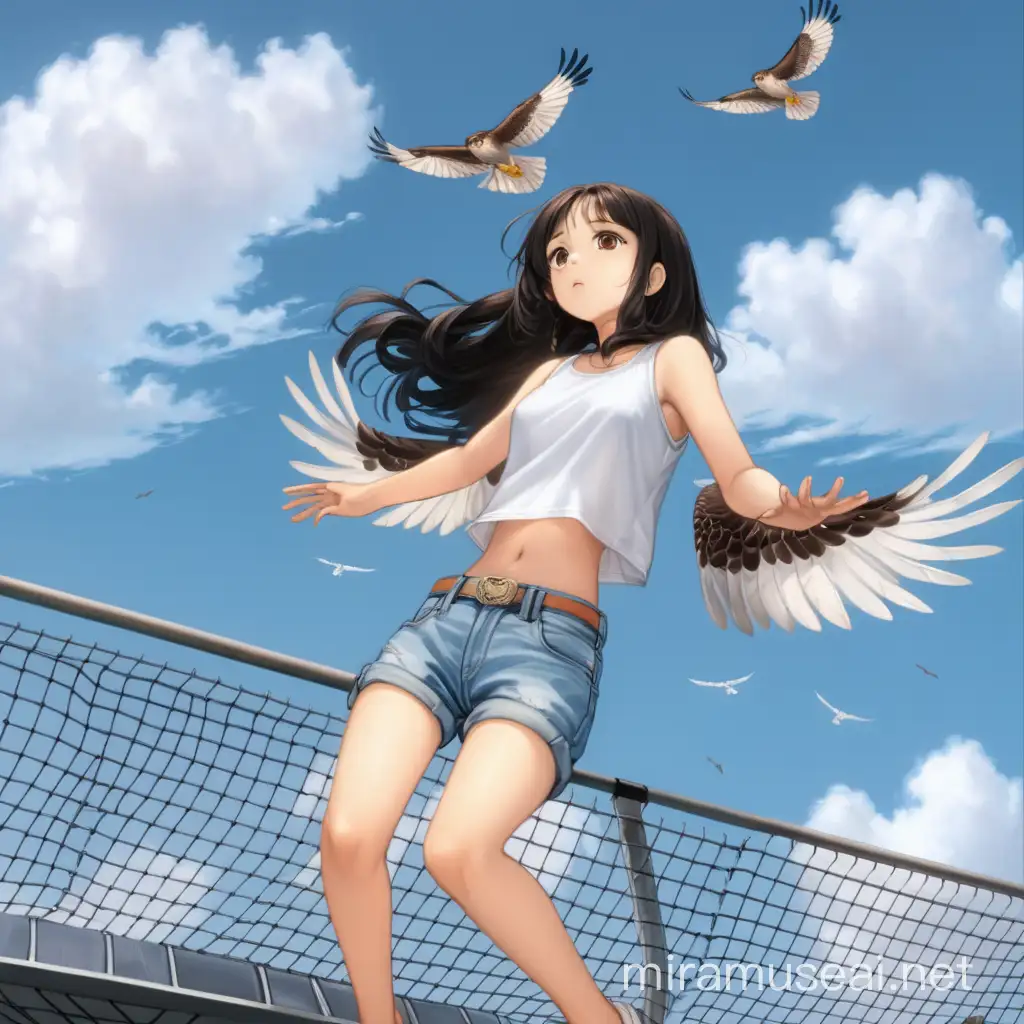 Anime, woman, woman lying down on trampoline, gazing at the overcast cloudy sky, staring at two hawks flying in the sky, black hair, shoulder length hair, brown eyes, white crop top, baby blue jeans