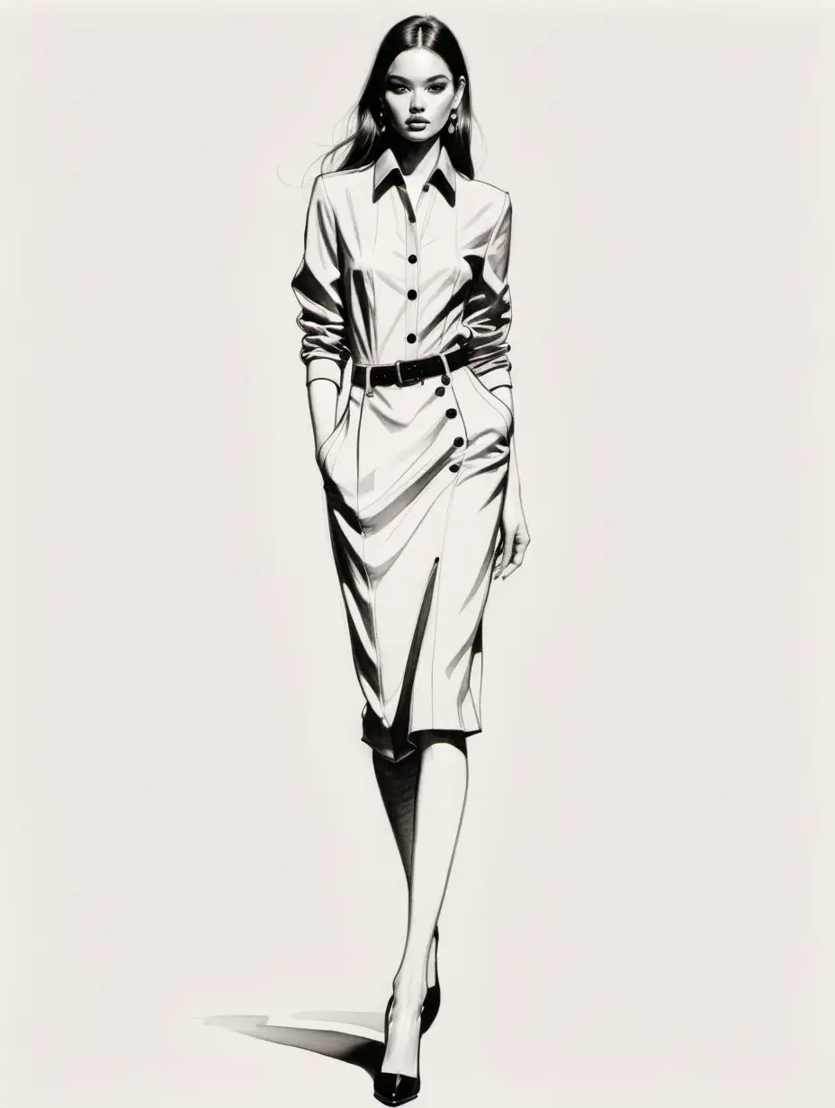 Fashion Sketch of Elegant Figure on Clean Background