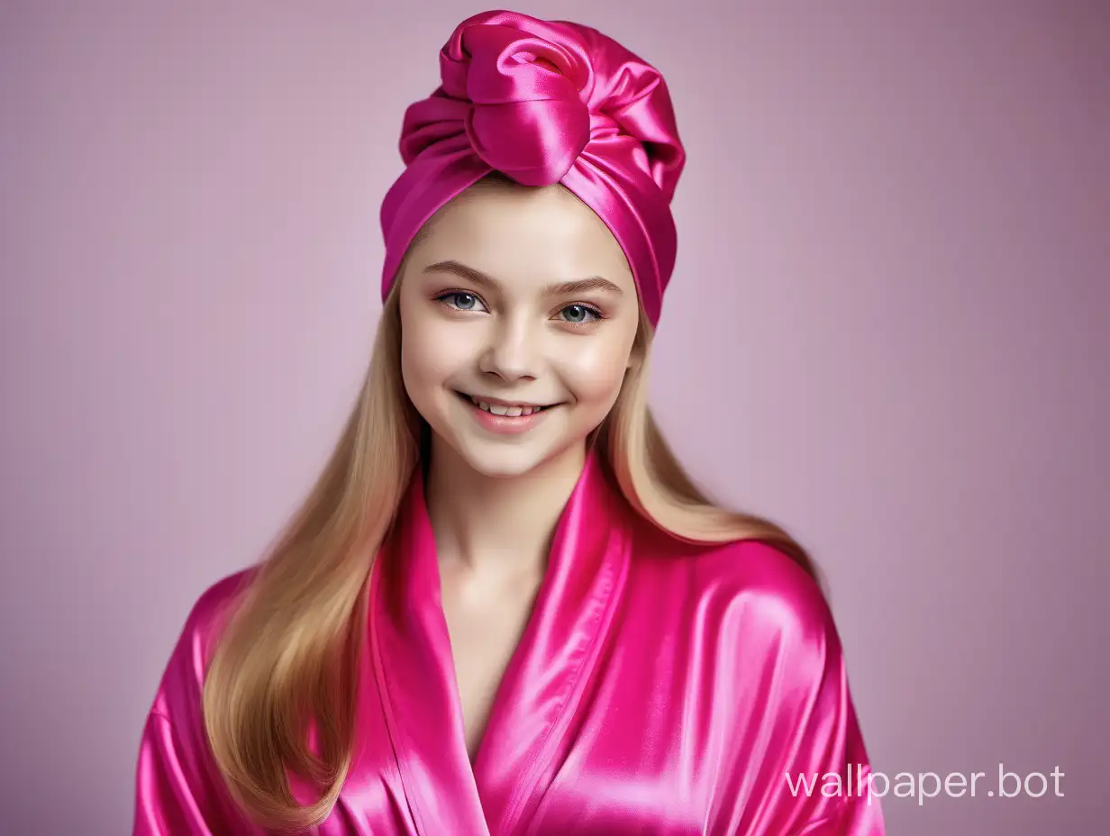 Gentle, sweet, young girl Yulia Lipnitskaya with long straight silky hair gently smiles in luxurious pink fuchsia Silk Robe and pink fuchsia silk Towel Turban