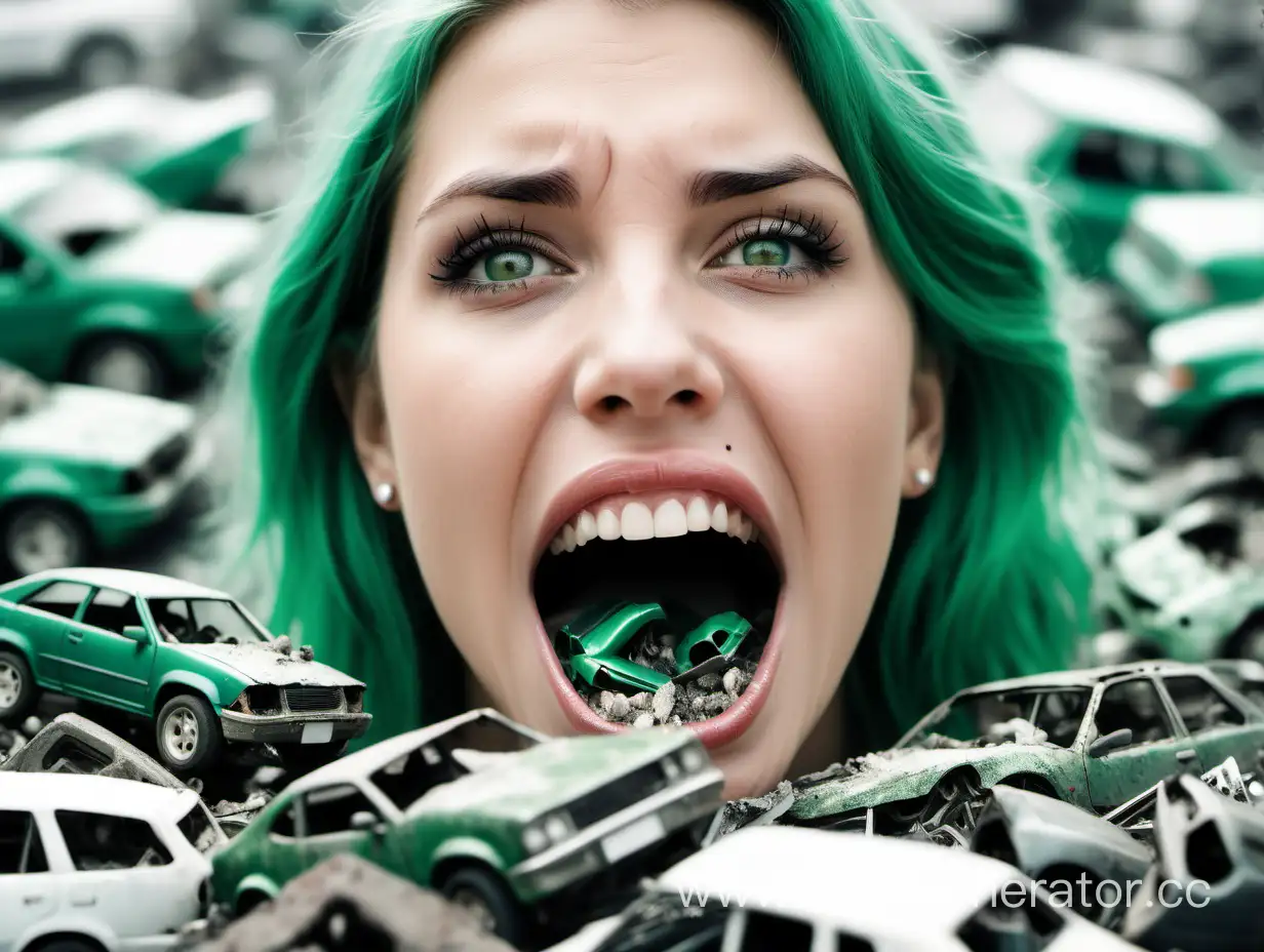 Captivating-GreenHaired-Woman-Swallows-Miniature-Car-Collection