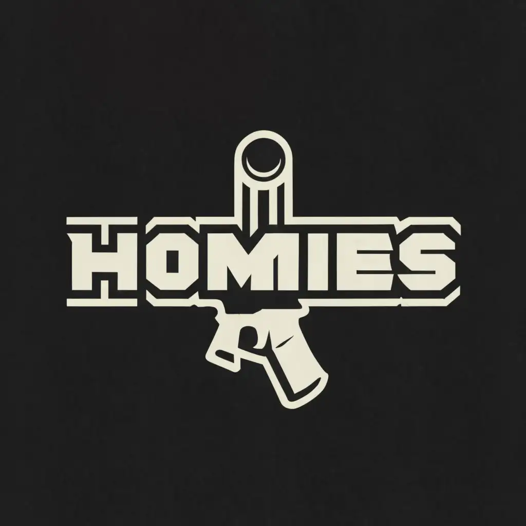 a logo design,with the text "Homies", main symbol:Gun,Moderate,clear background