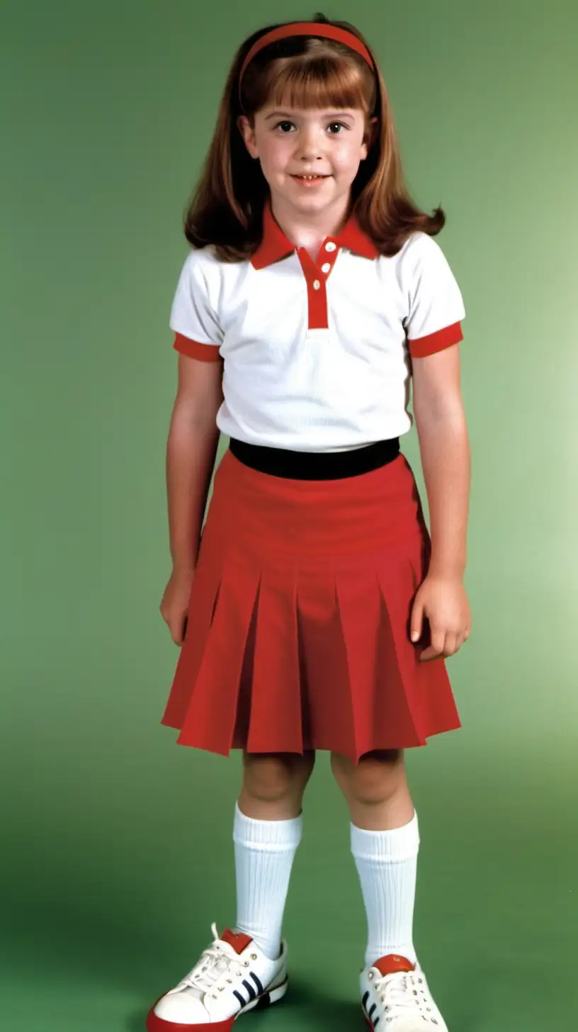 Young alisson Hannigan, short sleeved white cotton polo and red tennis skirt and tennis shoes 