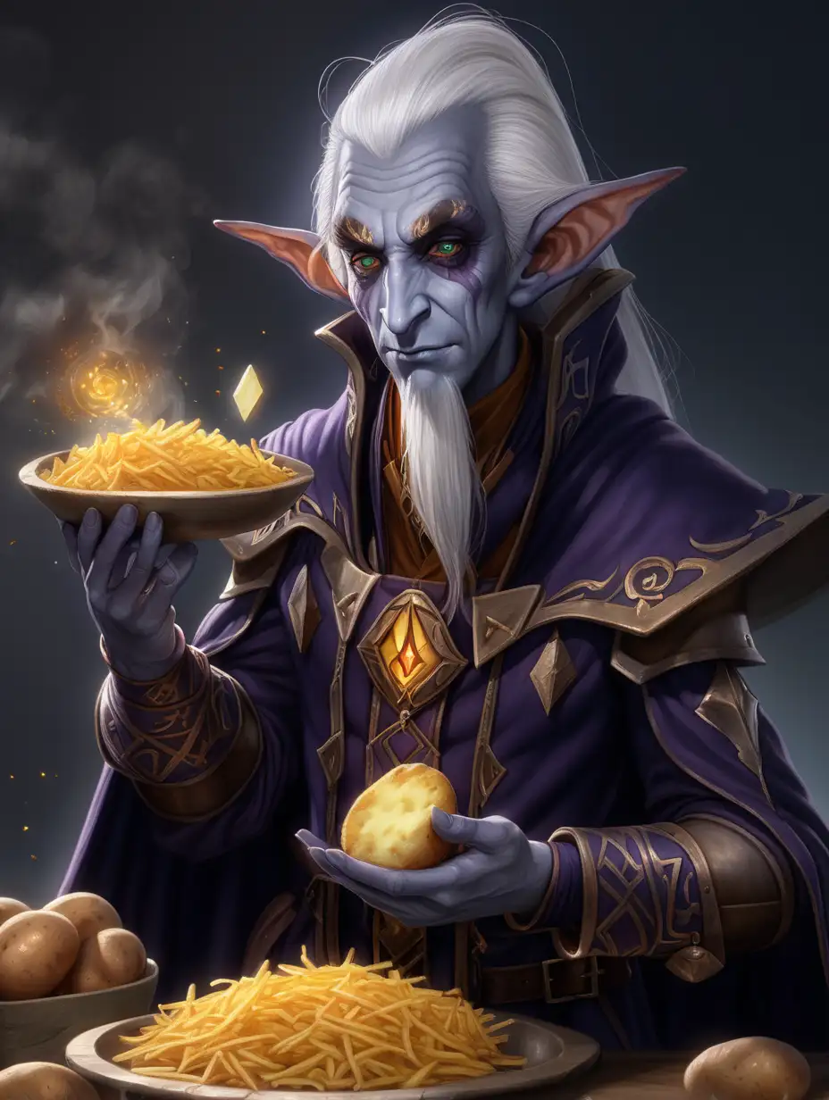 A tattertot warlock dark elf who serves the eldrich potato old one, he casts hashbrown based spells and makes fried potato magic