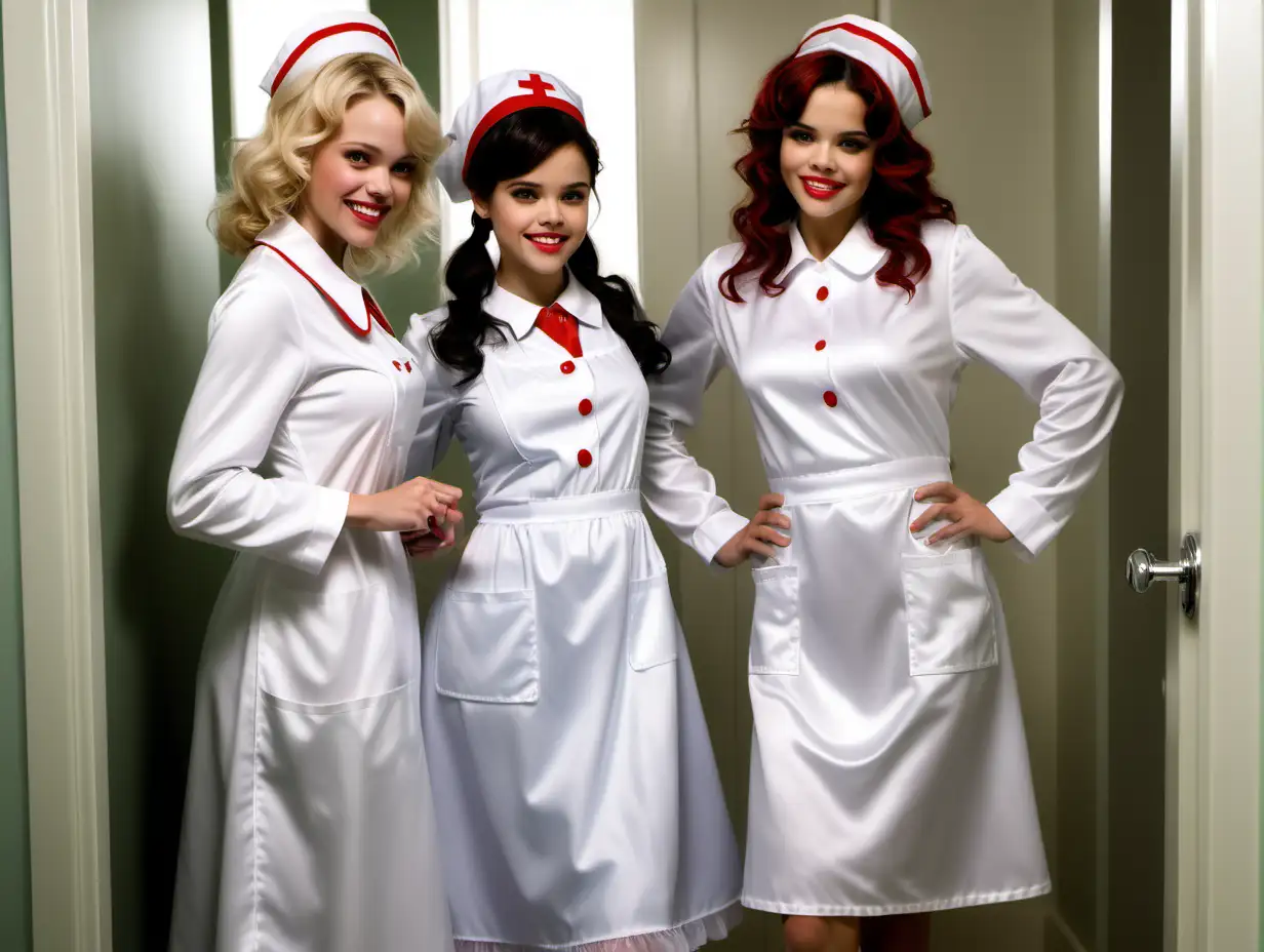 girls in long   crystal silk satin  retro nurse gown with white apron and peter pan colar and long sleeves costume and milf mothers long blonde and red hair,black hair  rachel macadams and adult selena gomez smile clean bathroom