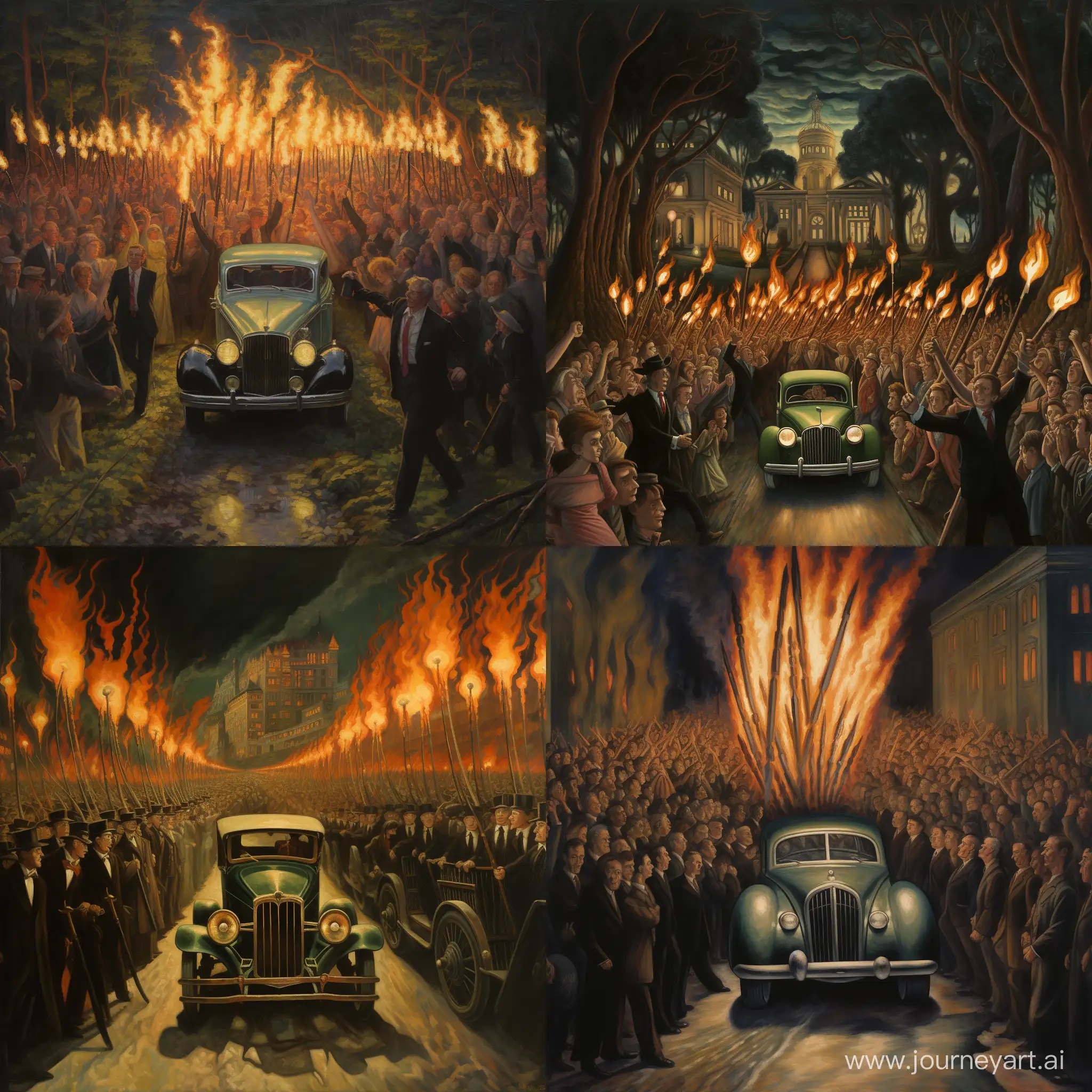 Angry-Mob-with-Torches-Marching-Towards-Wealthy-Automobile