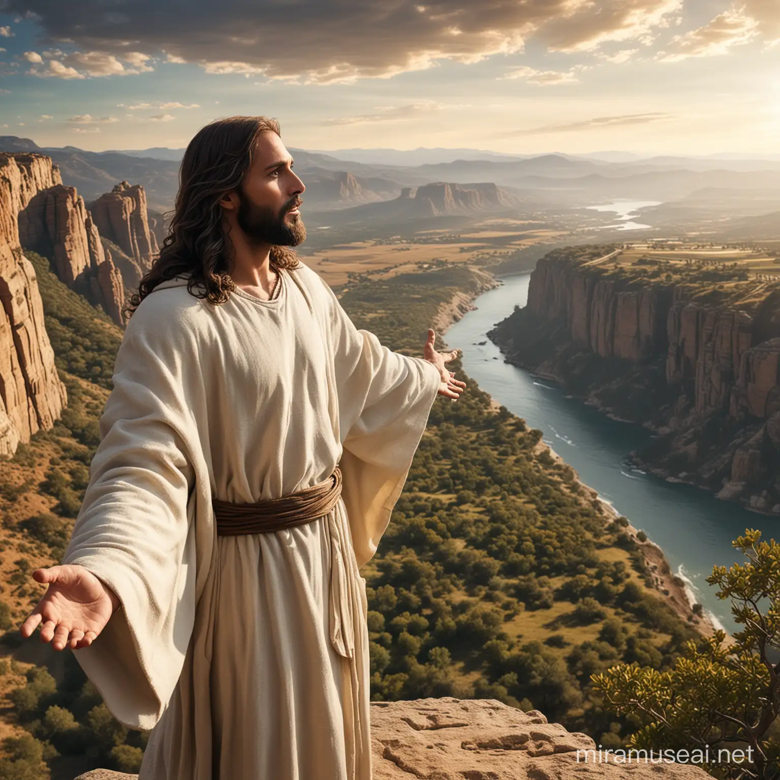 Majestic Jesus overlooking stunning scenery from a cliff