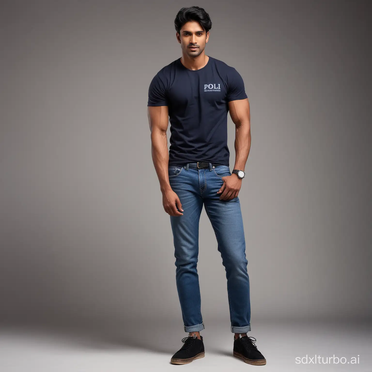 Indian male,tall dark handsom,black hair,lean muscular, wearing a poli tshirt blue jeans and black shoes