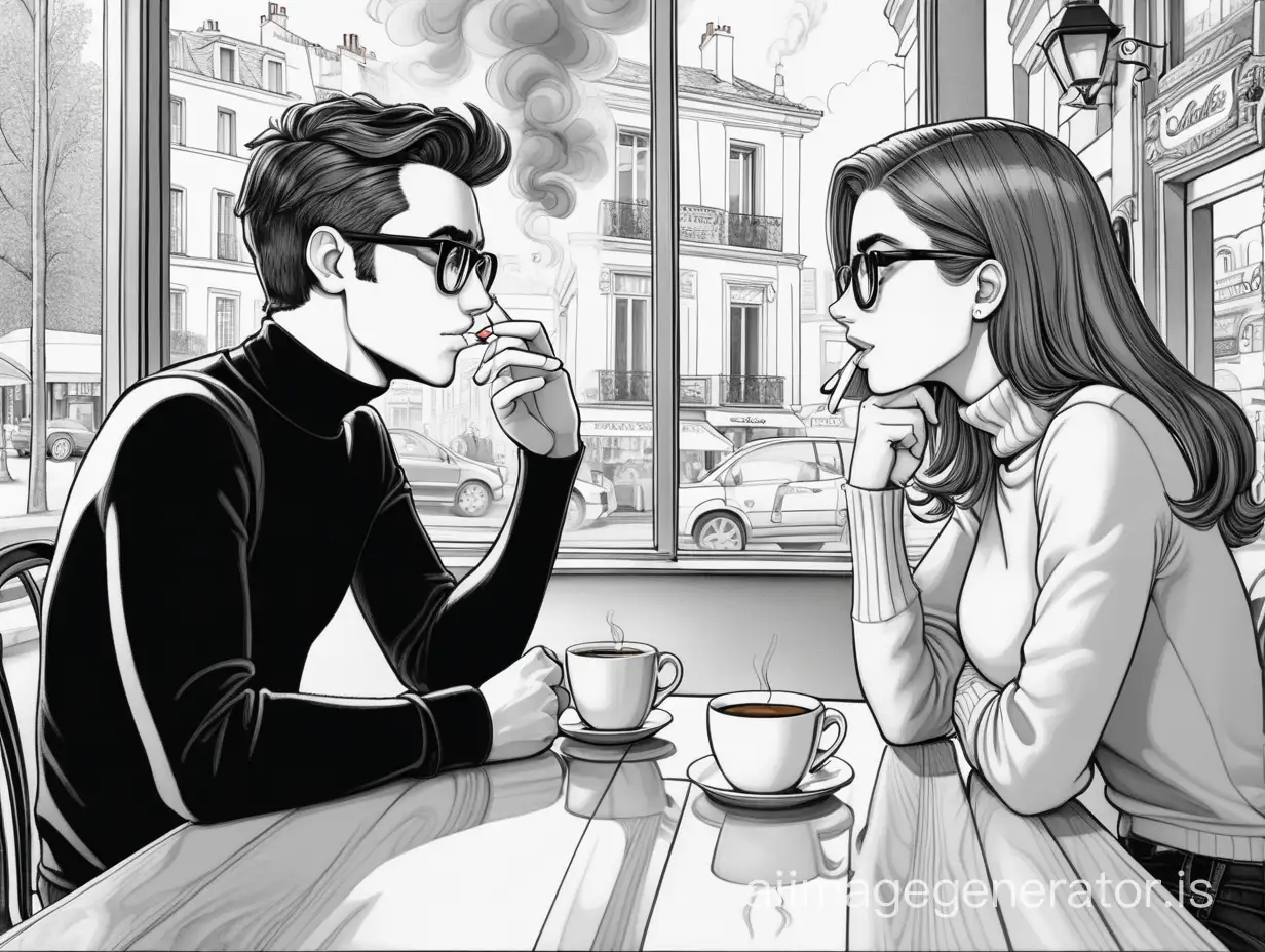 a man and a woman chat sitting at a table in a French café, the coffee is hot and smoke rises, the two are looking at each other and she is talking. The girl is brunette and wears glasses. The man is blond and wears a tight black turtleneck sweater. the image is in black and white cartoon style