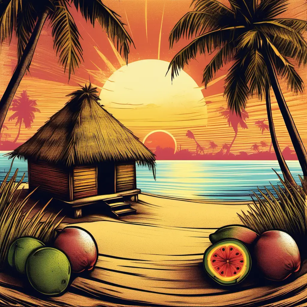 Tranquil Sunset Beach Scene with Tropical Fruits and TShirt Mockup