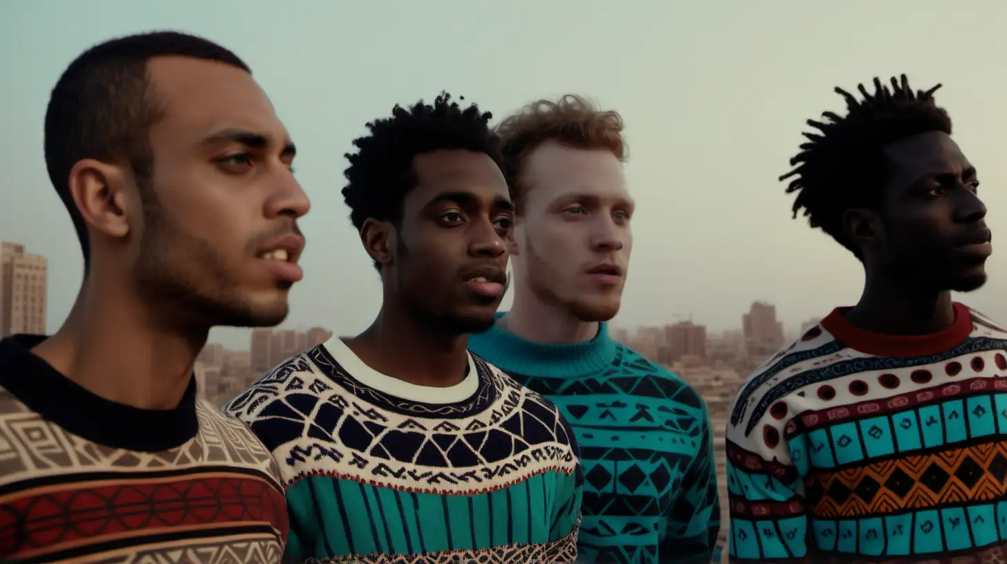 close up of a light skinned black man, a tan white man, a dark skinned black man, a lighter skinned black man, wearing African print sweaters, standing in a circle, with their hands by thier faces as if they are calling someone, A distant city in Egypt with buildings in the background, Break of Dawn sky in the distance Ultra 4k, high definition, 1080p resolution, lighting is volumetric with a light greenish teal hue