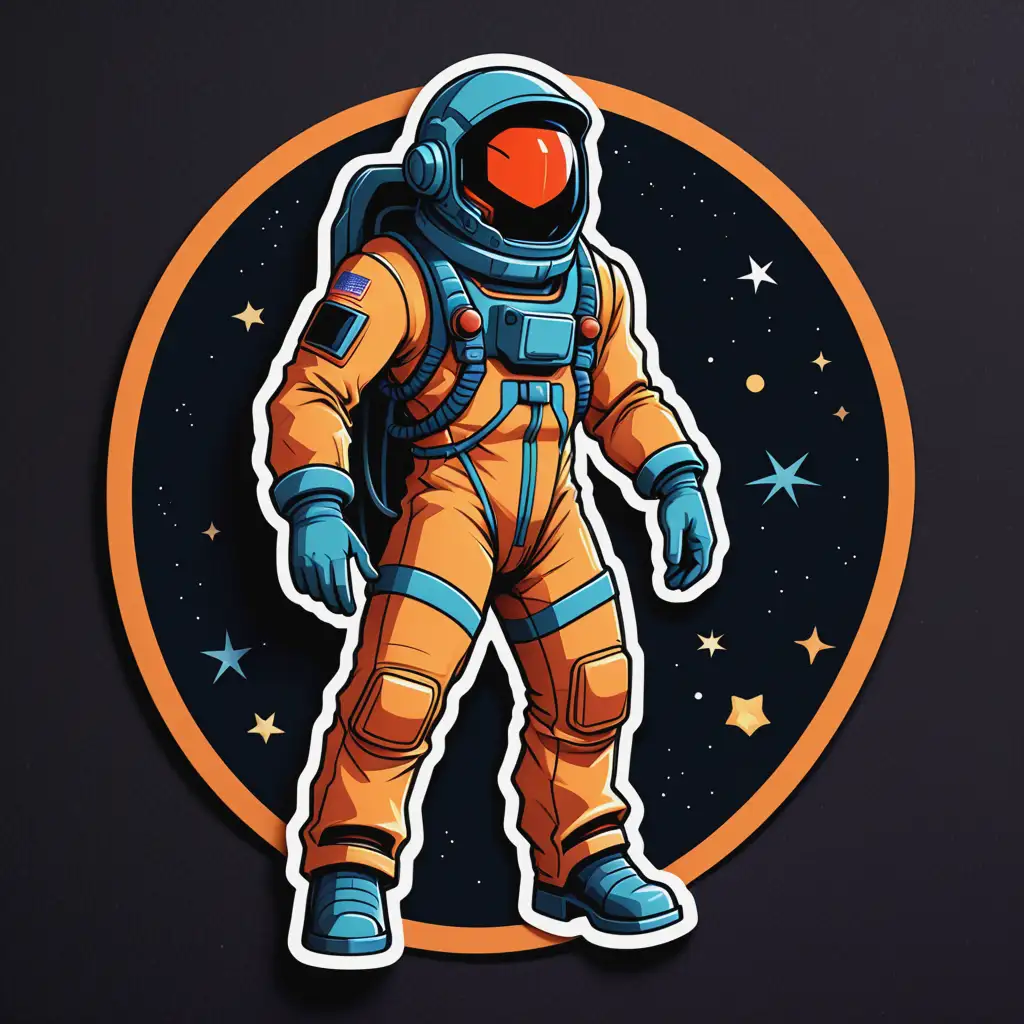 die cut sticker design of A space miner in space suit in the style of cowboy bebop on dark background