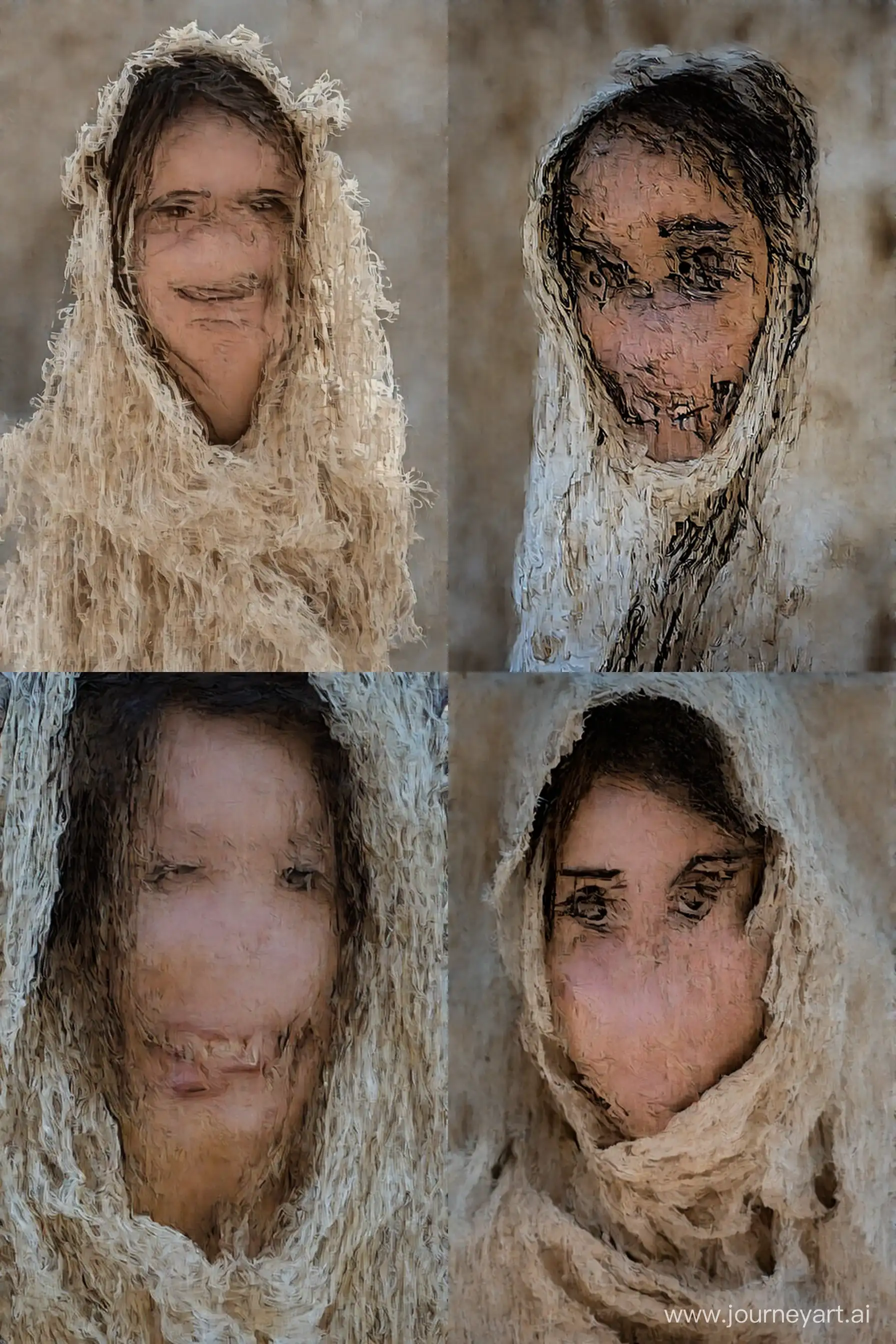 portrait of a smiling young woman wearing biblical clothing in Jerusalem, brown eyes, photo realistic 8k --ar 2:3 --v 6