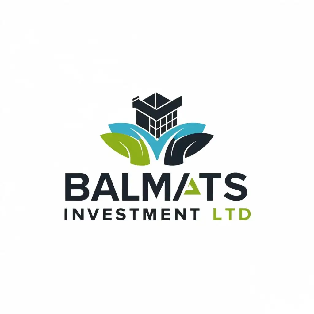 logo, blue and black Logo with text Balmats Investment Limited with real estate and agriculture in white background, with the text "Balmats Investment Ltd", typography, be used in Real Estate industry