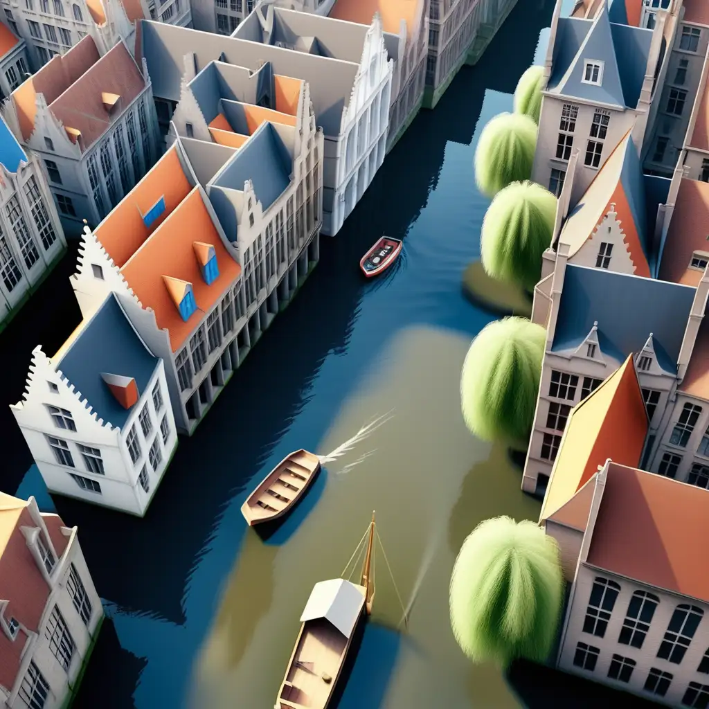 Ghent Blue River Aerial View Charming Boat and Historic Buildings in Disney Pixar Style