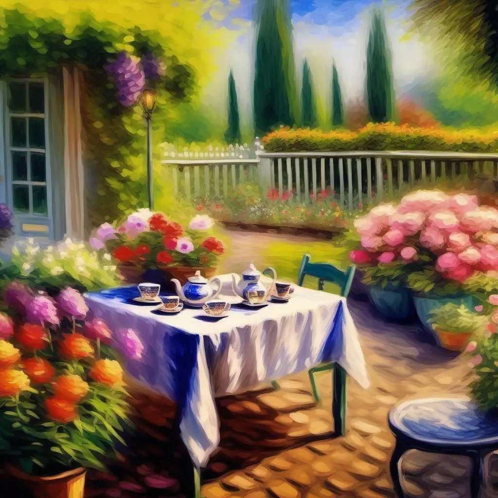 oil painting  of flower garden with tea setting table, best quality, poster style, wide shot, rough surface, masterpiece, 8k, fake detailed, claude monet style