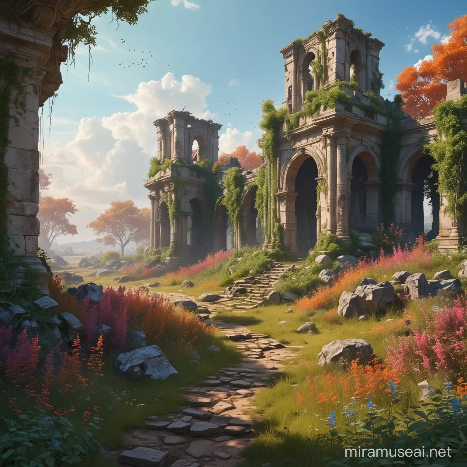 make me a colorful image of a fantasy landscape, with overgrown ruins of a forgotten battlefield