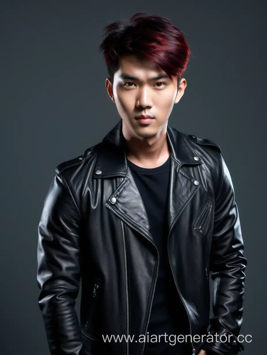 Asian beautiful guy with short black and red hair in a leather jacket