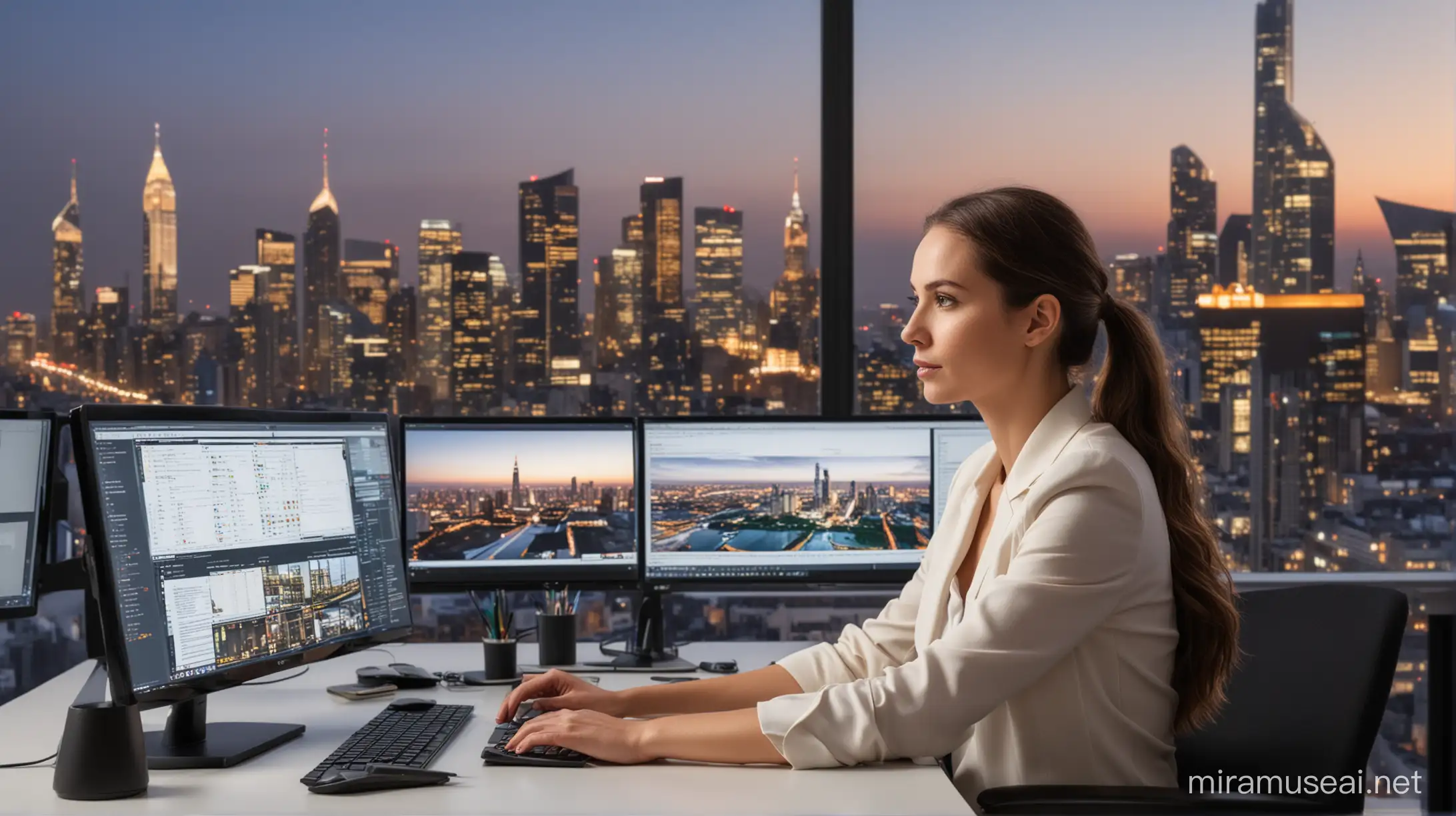 female enterprise architect seen from the side, sitting at desk late in the evening with one screens, in modern office with a city backdrop
