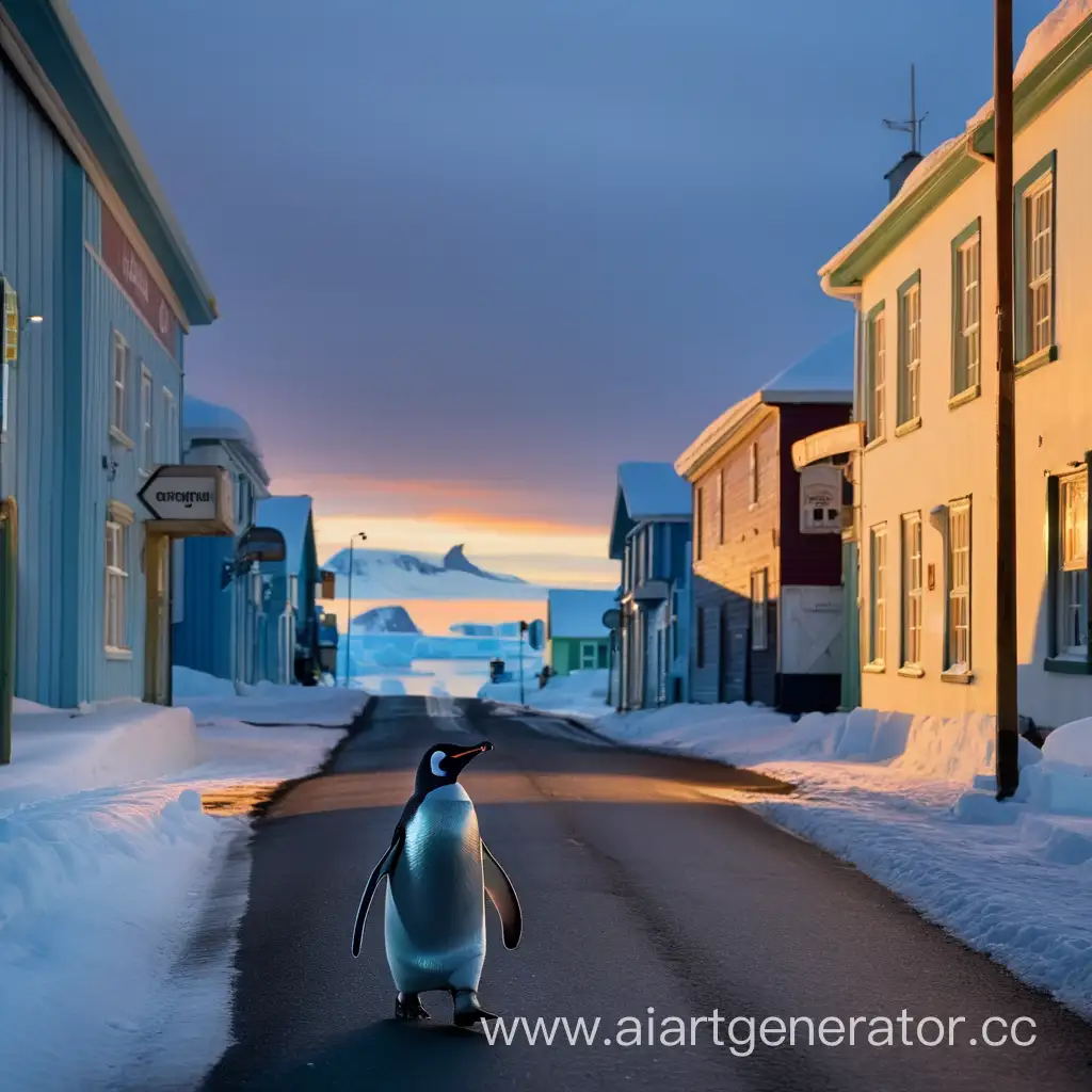 Solitary-Penguin-on-Empty-Antarctic-Street-at-Dawn