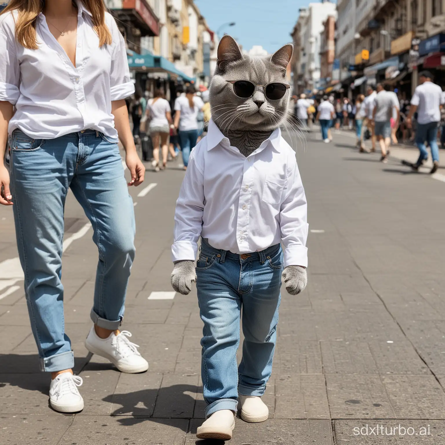 a grey colour cat wear white shirt and light blue jeans with sunglasses, walking on market street