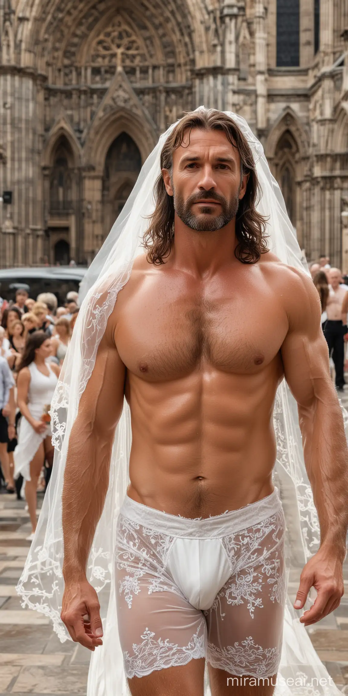 Mature muscular man, hot, handsome, sexy, beautiful, shirtless, sweaty, drenched in sweat, body glistening, hairy chest, hairy body, long hair, wearing white lace lingerie, white veil, walking down the aisle,background of cathedral 