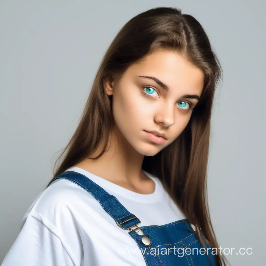 girl 20 years old,  nationality Russian, brunet,  dark green eyes, full face,  standing,  blue overall,  white t-shirt, white background,  close-up face