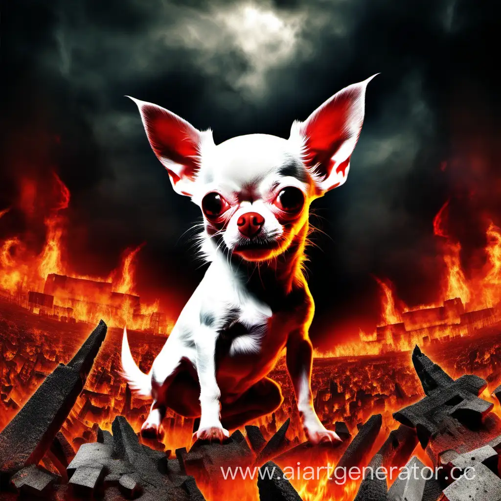super evil white chihuahua devil in the middle of hell