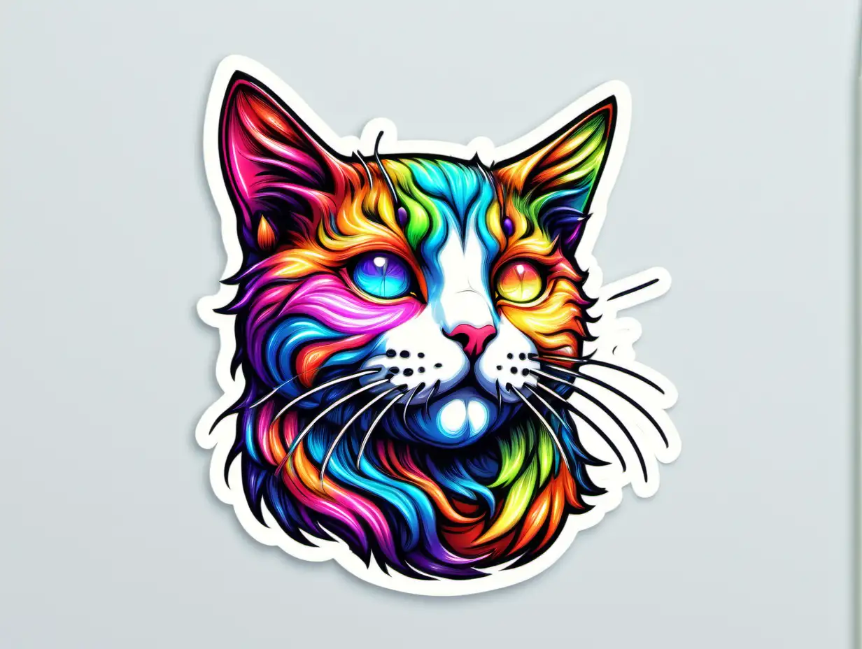 Ecstatic Colorful Cat Sticker in Neon Pencil Drawn Contour Vector Art on White Background