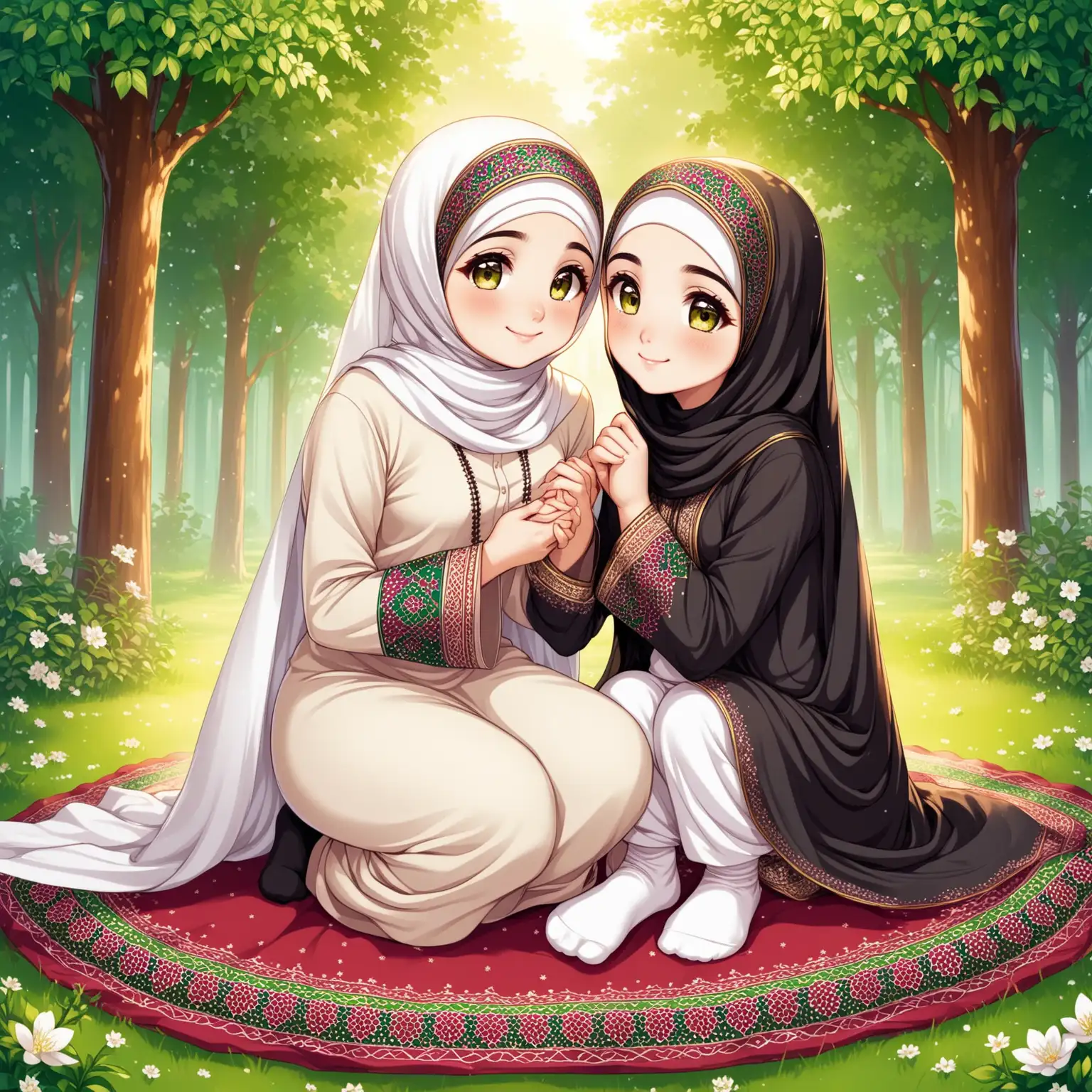 Character Persian girl(full height, Muslim, with emphasis no hair out of veil(Hijab), smaller eyes, bigger nose, white skin, cute, smiling, wearing socks, clothes full of Persian designs) named Fatemeh.
Mother of Fatemeh's name is Roqayeh, Roqayeh is wearing modest clothes, veil.
Fatemeh is sitting and kissing the hand of her mother Roqayeh politely.

Atmosphere forest, grass flowers, etc...