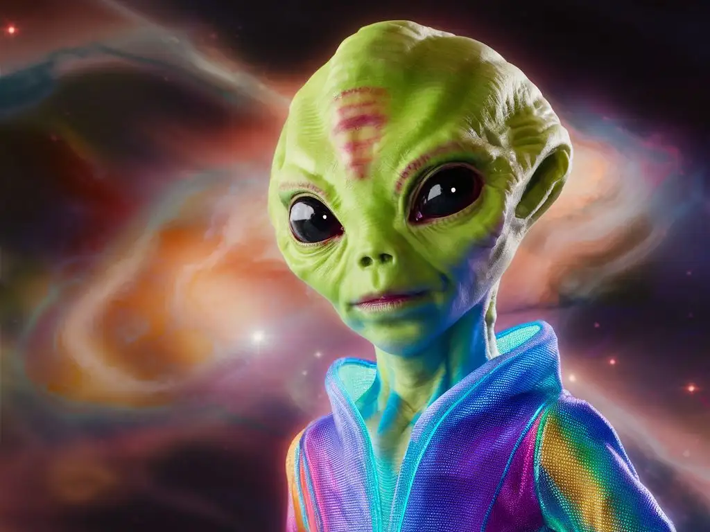 an HD image of a green alien with large black eyes, bright colors