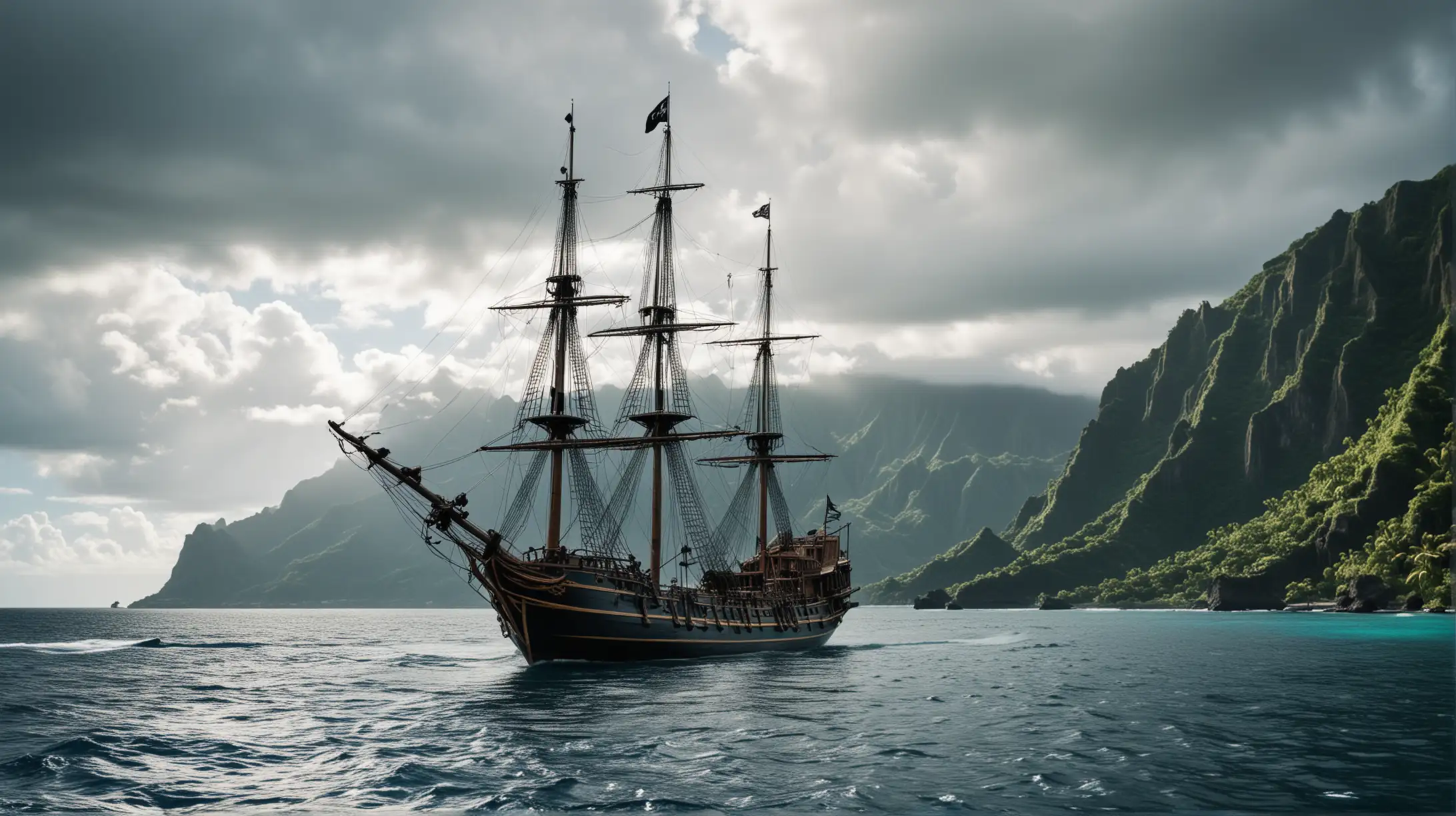  le bateau pirate black pearl, , au mouillage dans la baie de tahiti, mer calme, pirogues,  photographie, réaliste