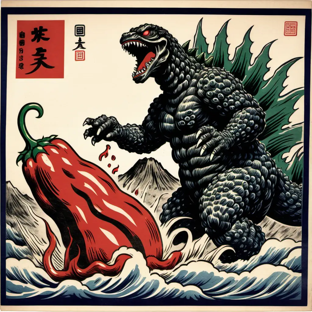 japanese wood-block print Godzilla attacking a giant chile pepper.
